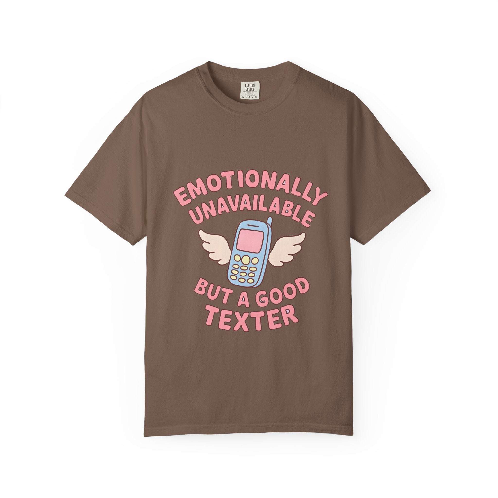 Black graphic t-shirt featuring "Emotionally Unavailable But A Good Texter" text, casual fit by Printify.