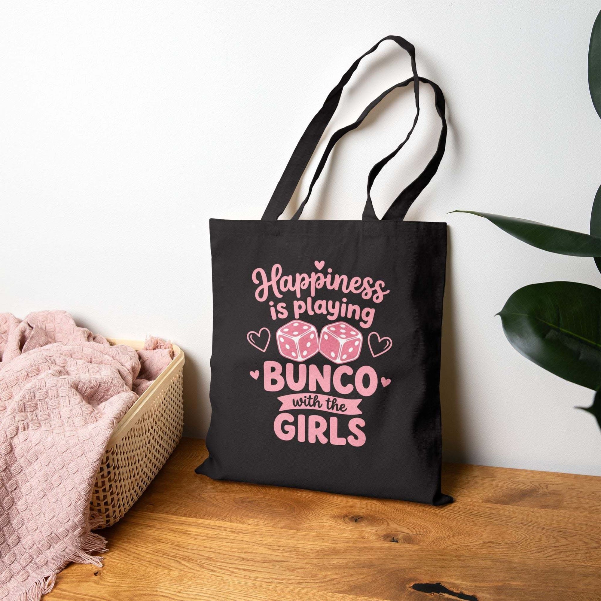 Happiness is Playing Bunco tote bag with dice night design on durable cotton canvas, ideal for game nights and carrying essentials