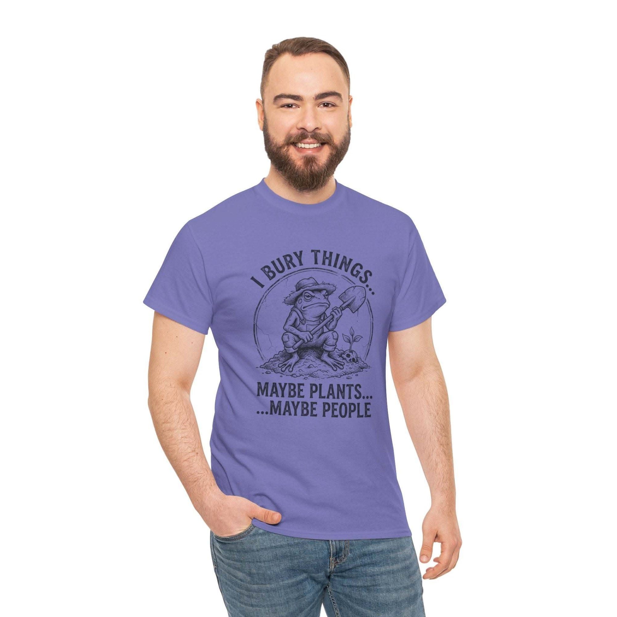 I Bury Things funny gardener t-shirt with gnome digging and dark humor text