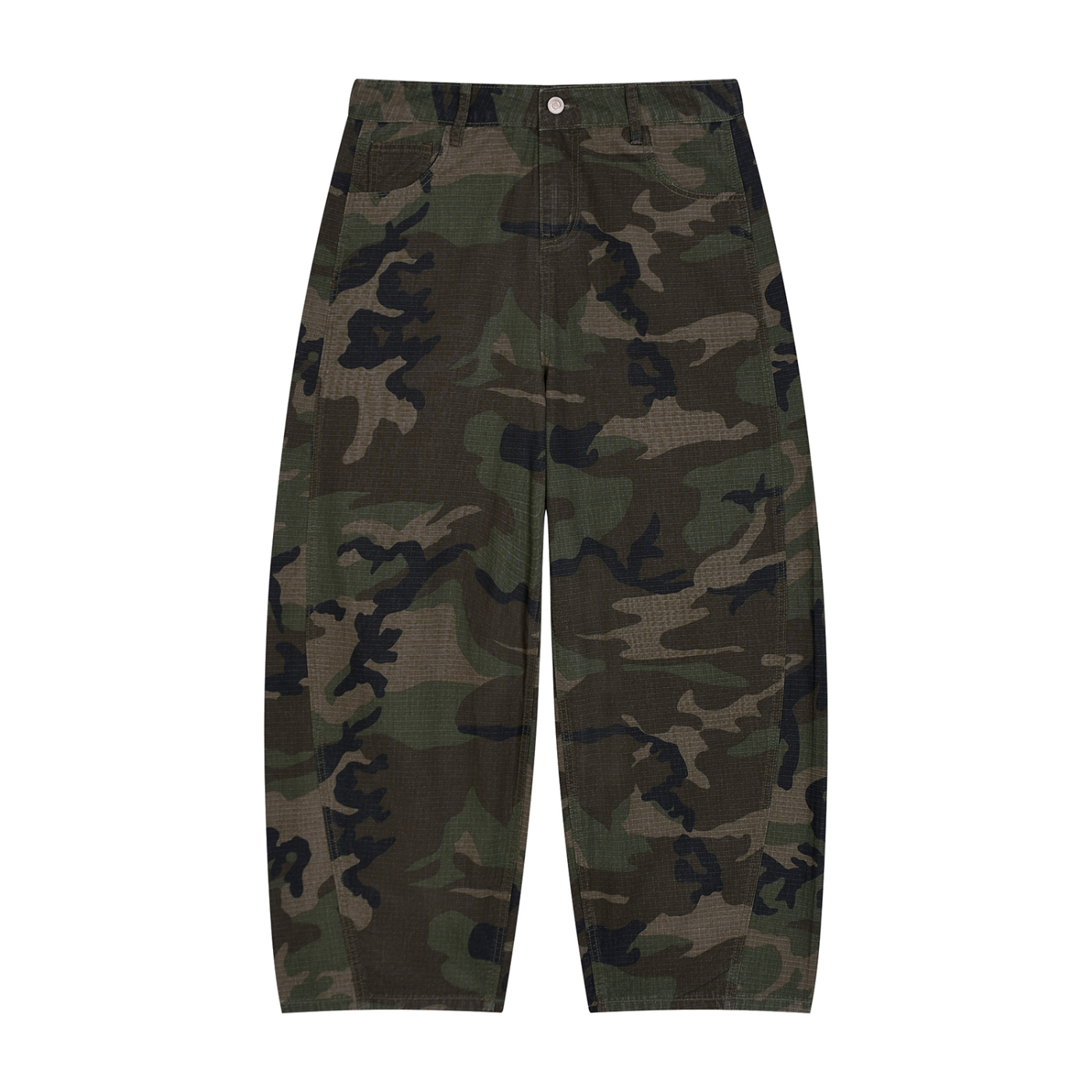 Men’s camo barrel leg cargo pants with loose fit and cotton blend fabric