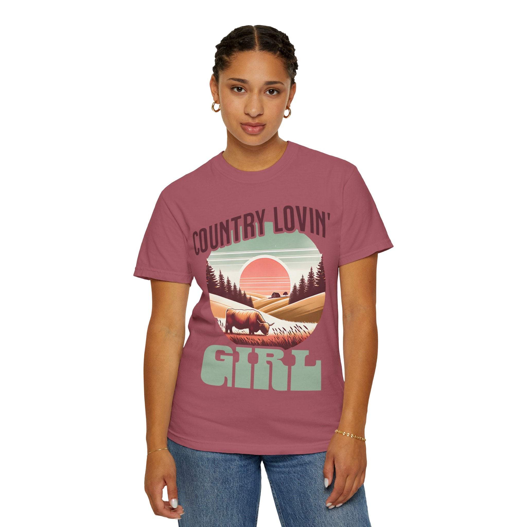 Country Lovin Girl T-shirt vintage style tee with scenic countryside graphic and relaxed fit worn by woman