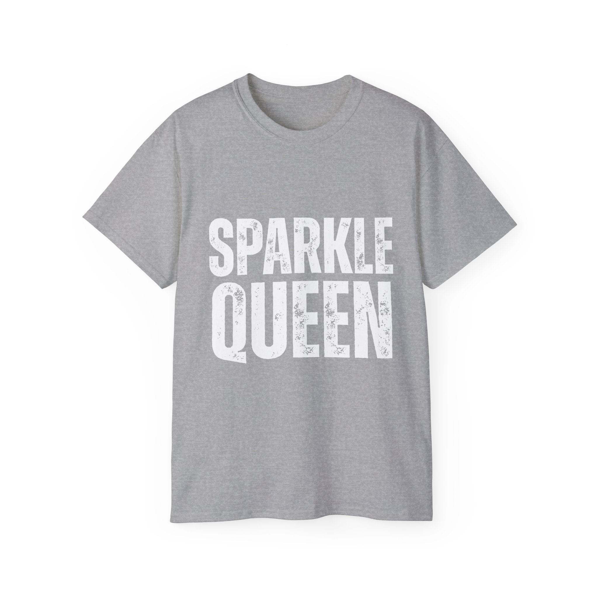 Black distressed graphic t-shirt with "Sparkle Queen" print for fashionistas by Printify, available in sizes S, M, and L.
