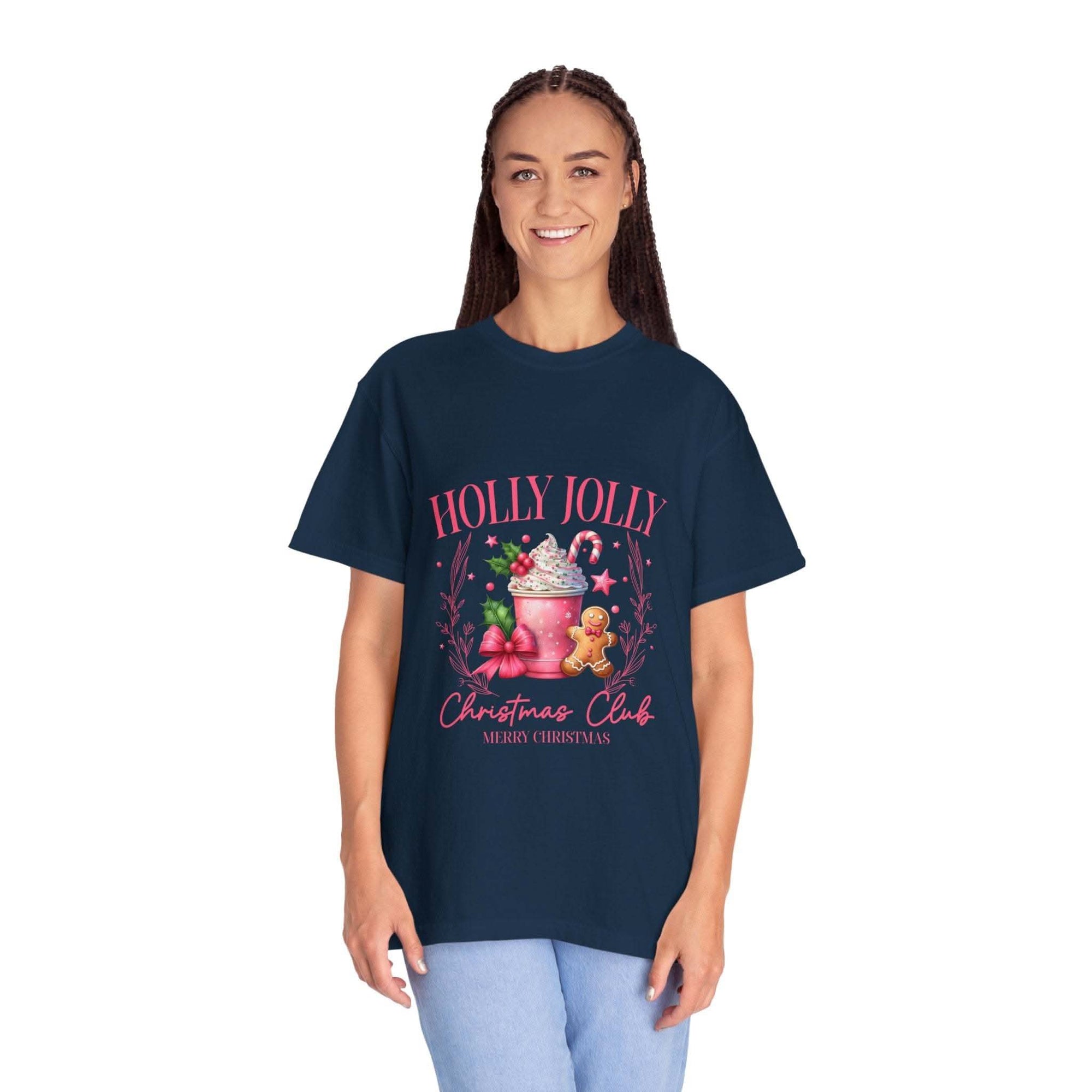 Unisex garment-dyed black Christmas t-shirt with 'Holly Jolly Christmas Club' design by Printify