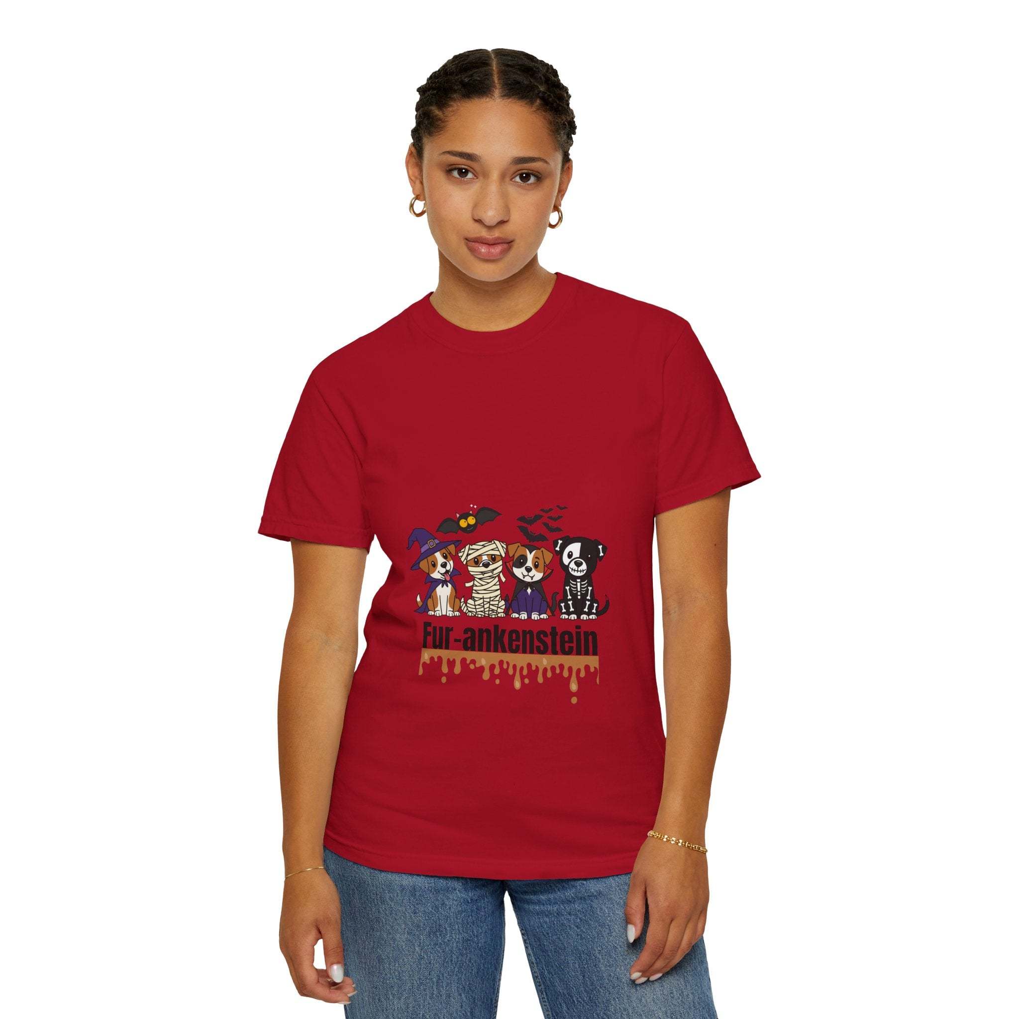 Woman wearing red Puppies Halloween T-shirt with puppies in costumes and "Fur-ankenstein" text