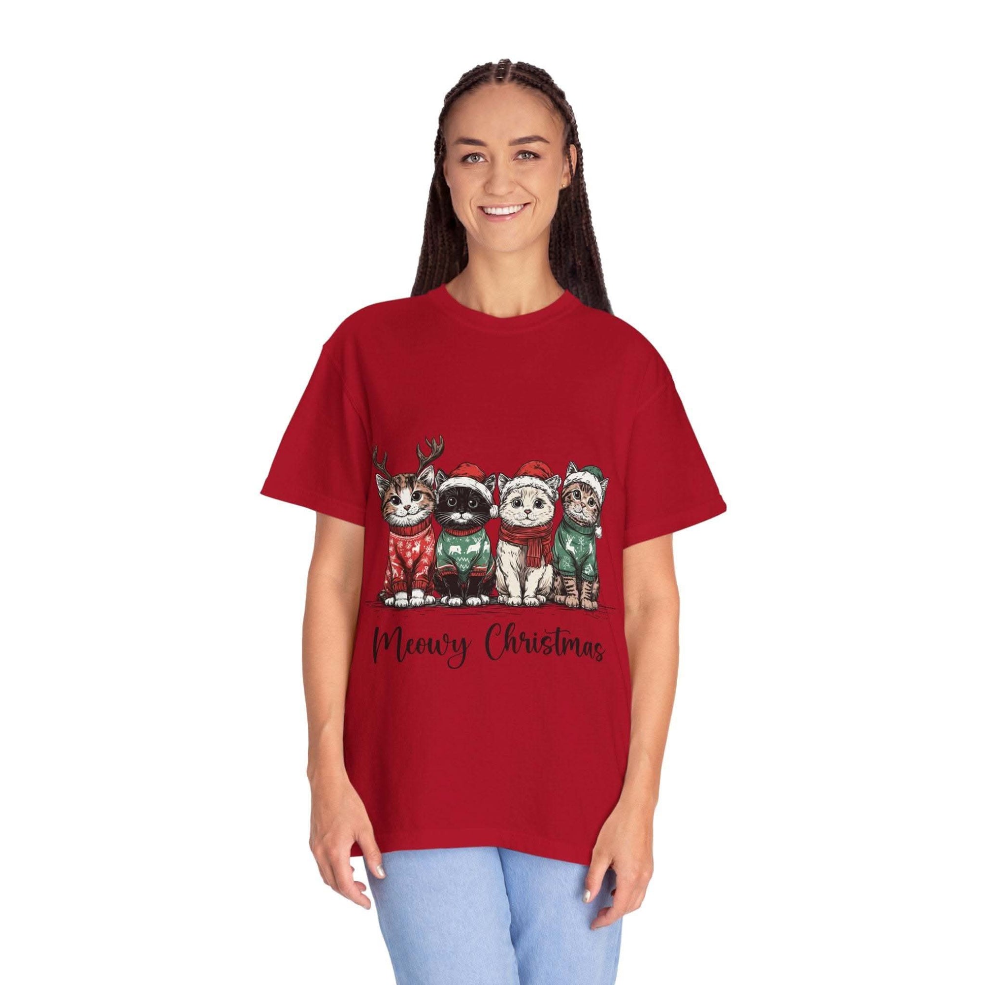 Bay Cat Lover T-shirt with Meowy Christmas design from Printify, perfect festive gift for cat enthusiasts.