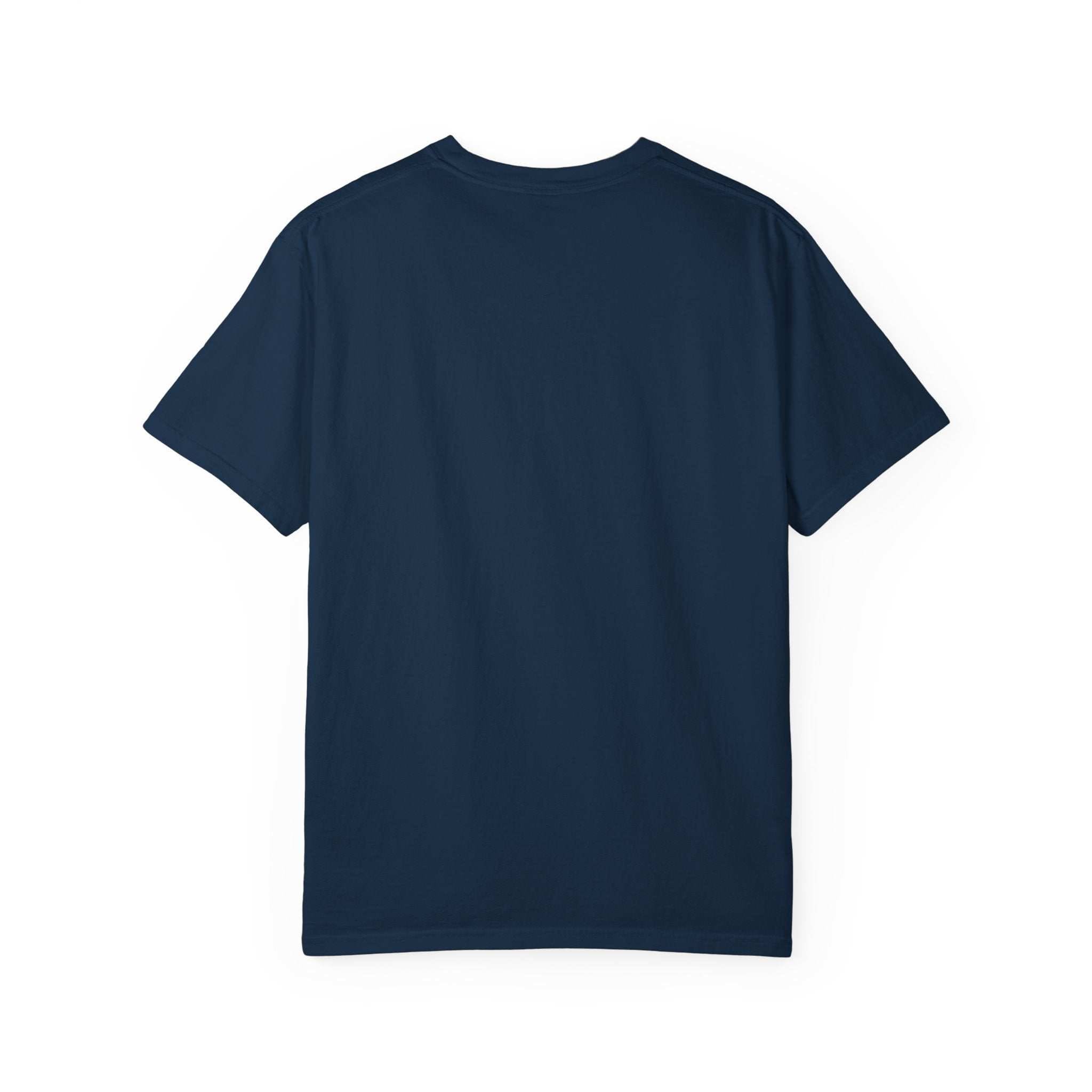 Navy blue soft everyday tee back view with a relaxed fit floral skeleton t-shirt design