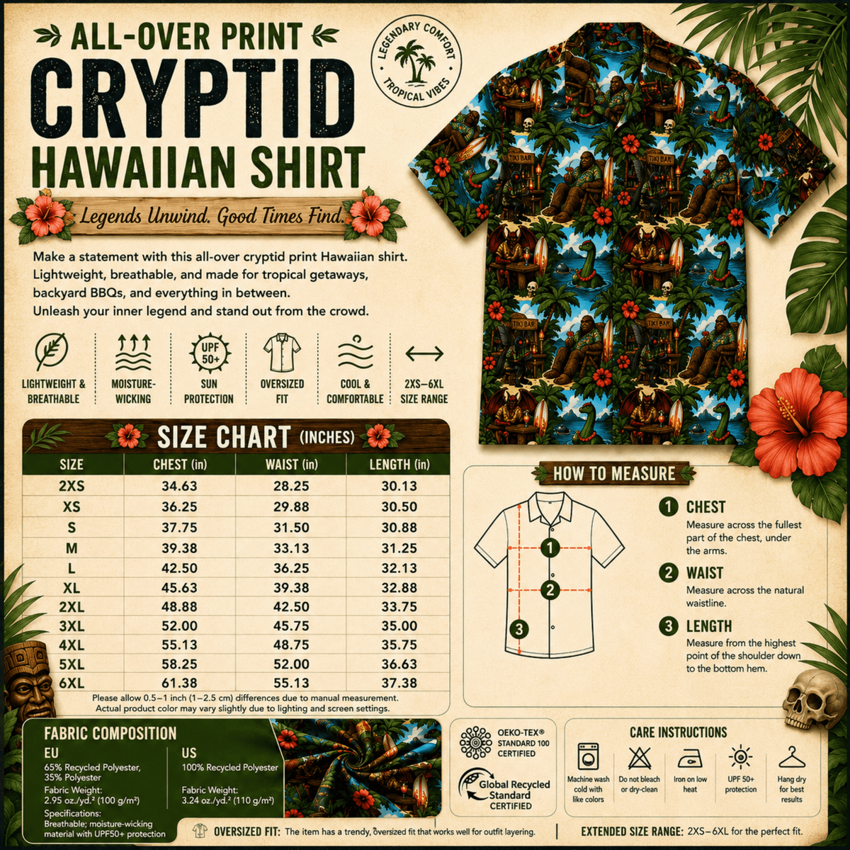 Unisex Bigfoot Hawaiian shirt with tropical Sasquatch tiki print and UPF 50+ protection