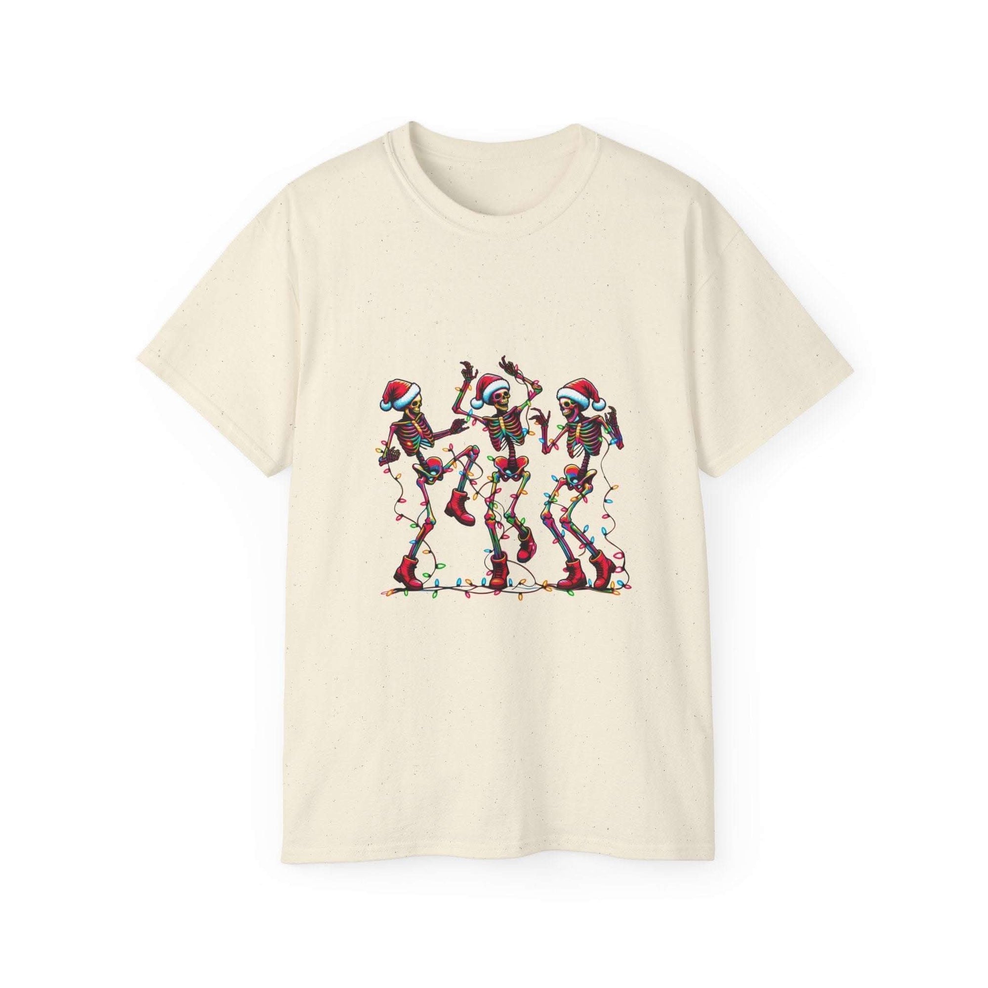 White Christmas Dancing Skeletons T-shirt by Printify, featuring festive skeleton design for holiday cheer.