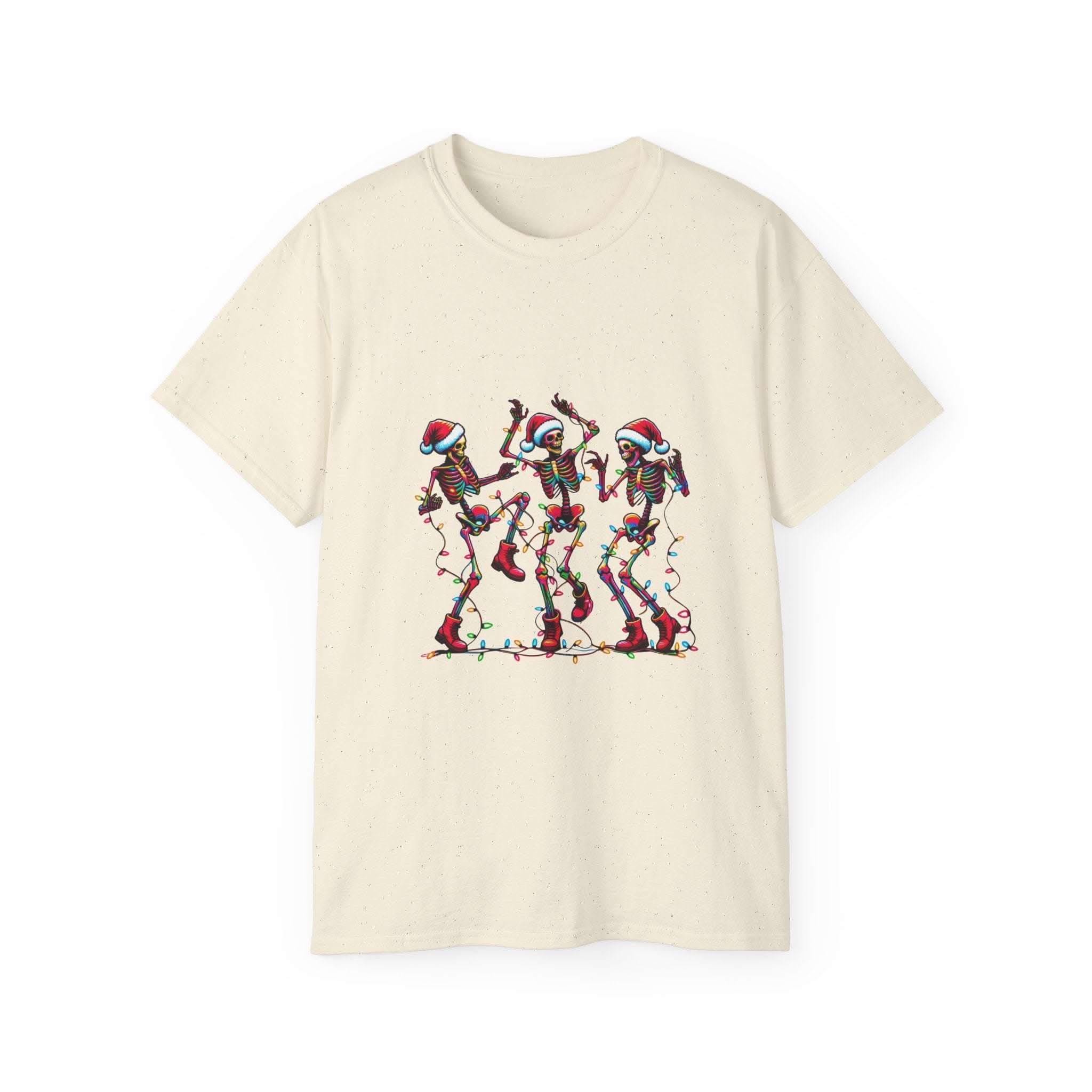 White Christmas Dancing Skeletons T-shirt by Printify, featuring festive skeleton design for holiday cheer.