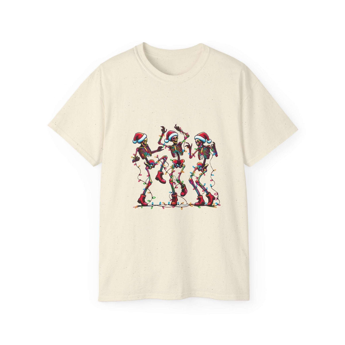 White Christmas Dancing Skeletons T-shirt by Printify, featuring festive skeleton design for holiday cheer.