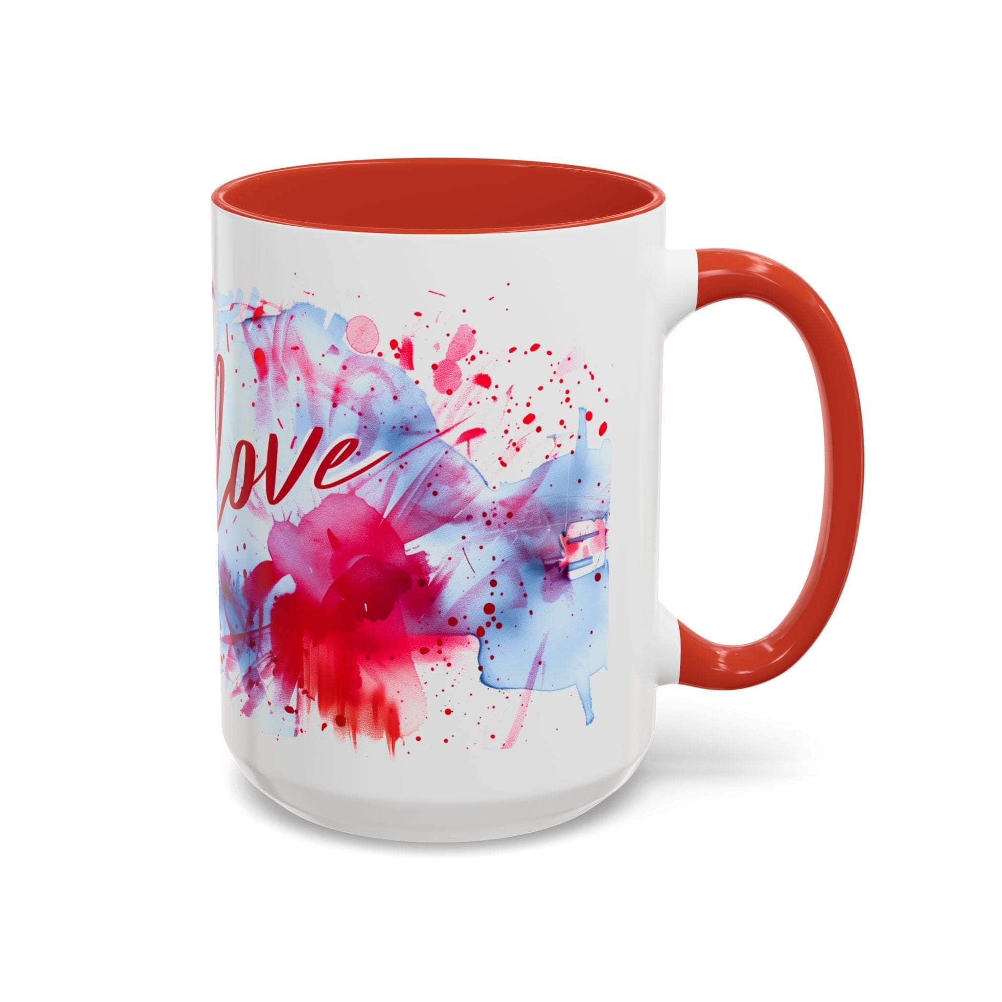 Valentines Floral Love Accent Coffee Mug with red interior and handle, white ceramic featuring romantic heart and floral watercolor design, available in 11 oz and 15 oz sizes.