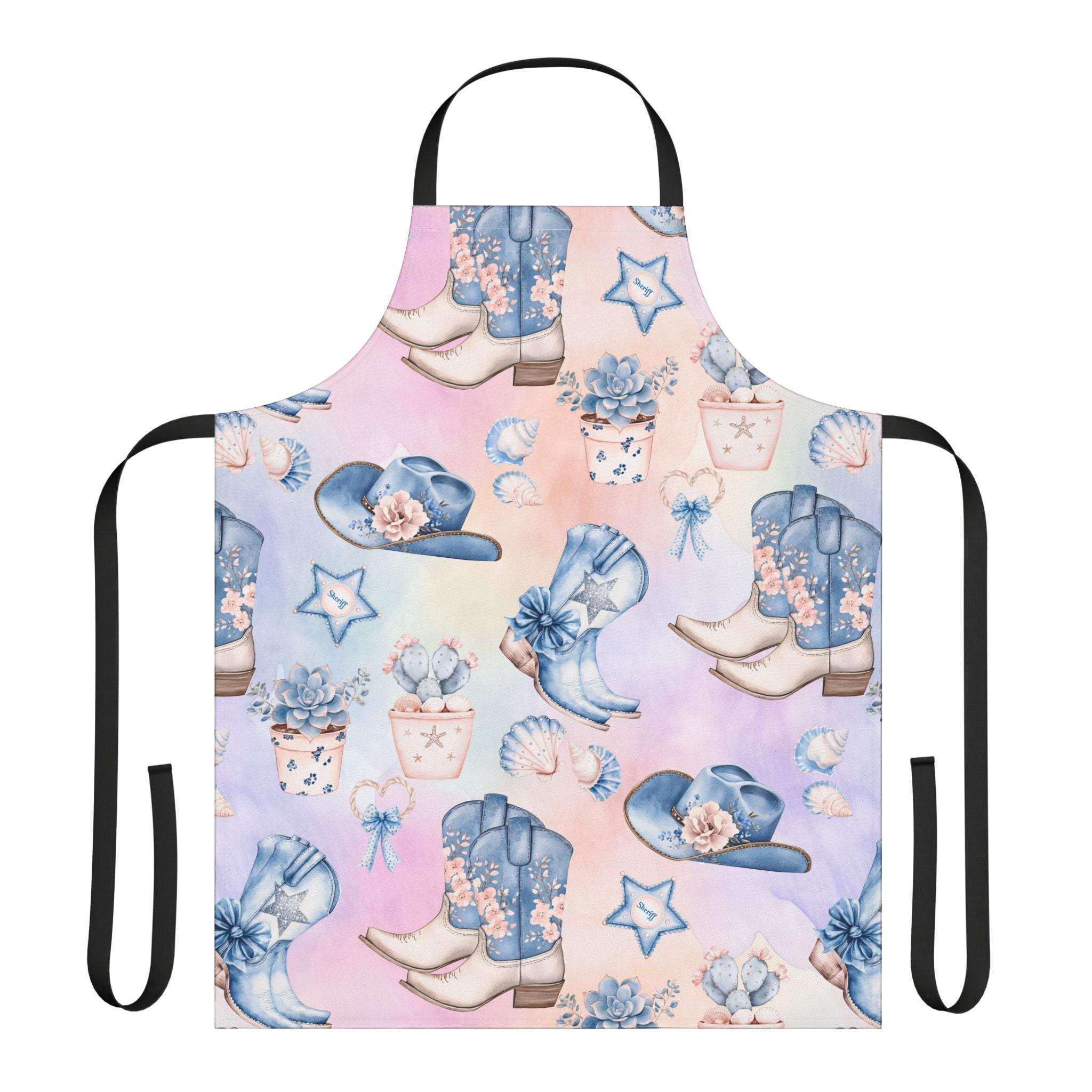 Pastel Coastal Cowgirl apron with cowboy boots, hats, and floral designs on pastel background, soft polyester canvas with black straps
