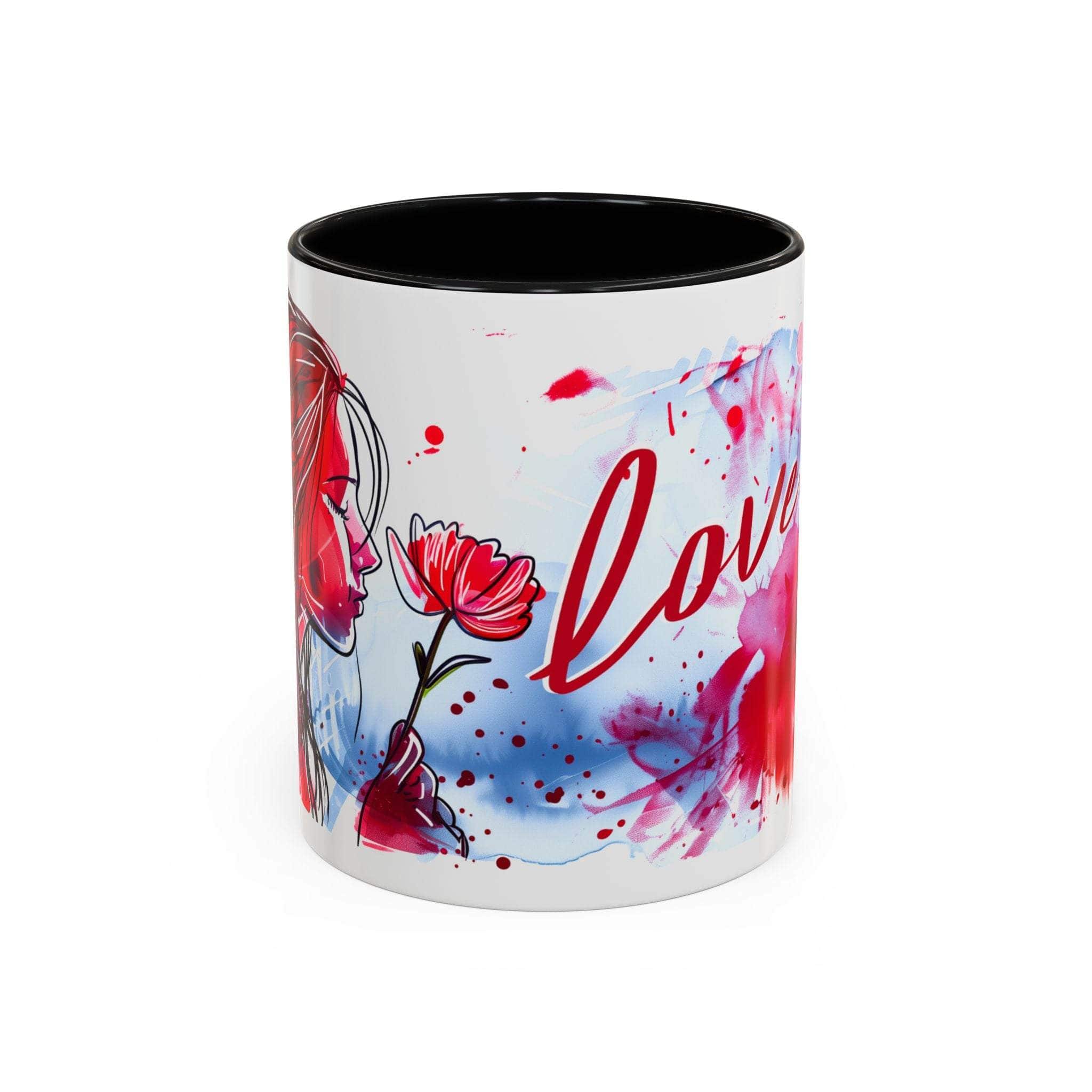 Valentines Floral Love Accent Coffee Mug with romantic heart and floral design, black interior and handle, perfect for Valentine’s Day.