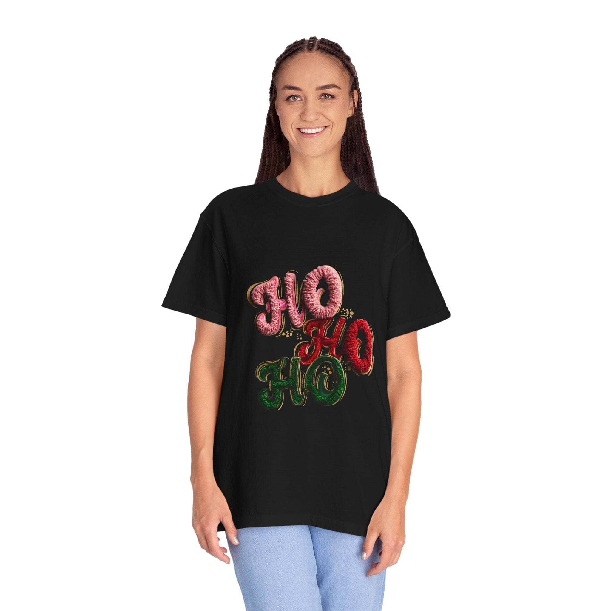 White Christmas graphic tee featuring faux puffy crochet 'Ho, Ho, Ho' design by Printify