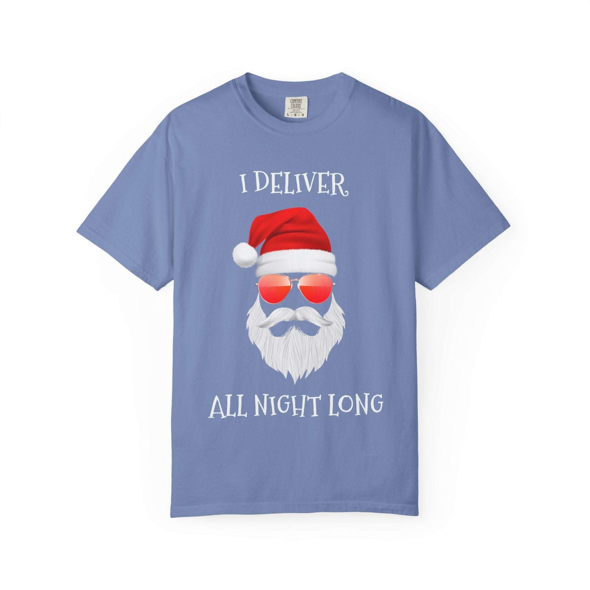 Espresso cotton t-shirt featuring 'Santa I Deliver All Night Long' print, holiday-themed design by Printify