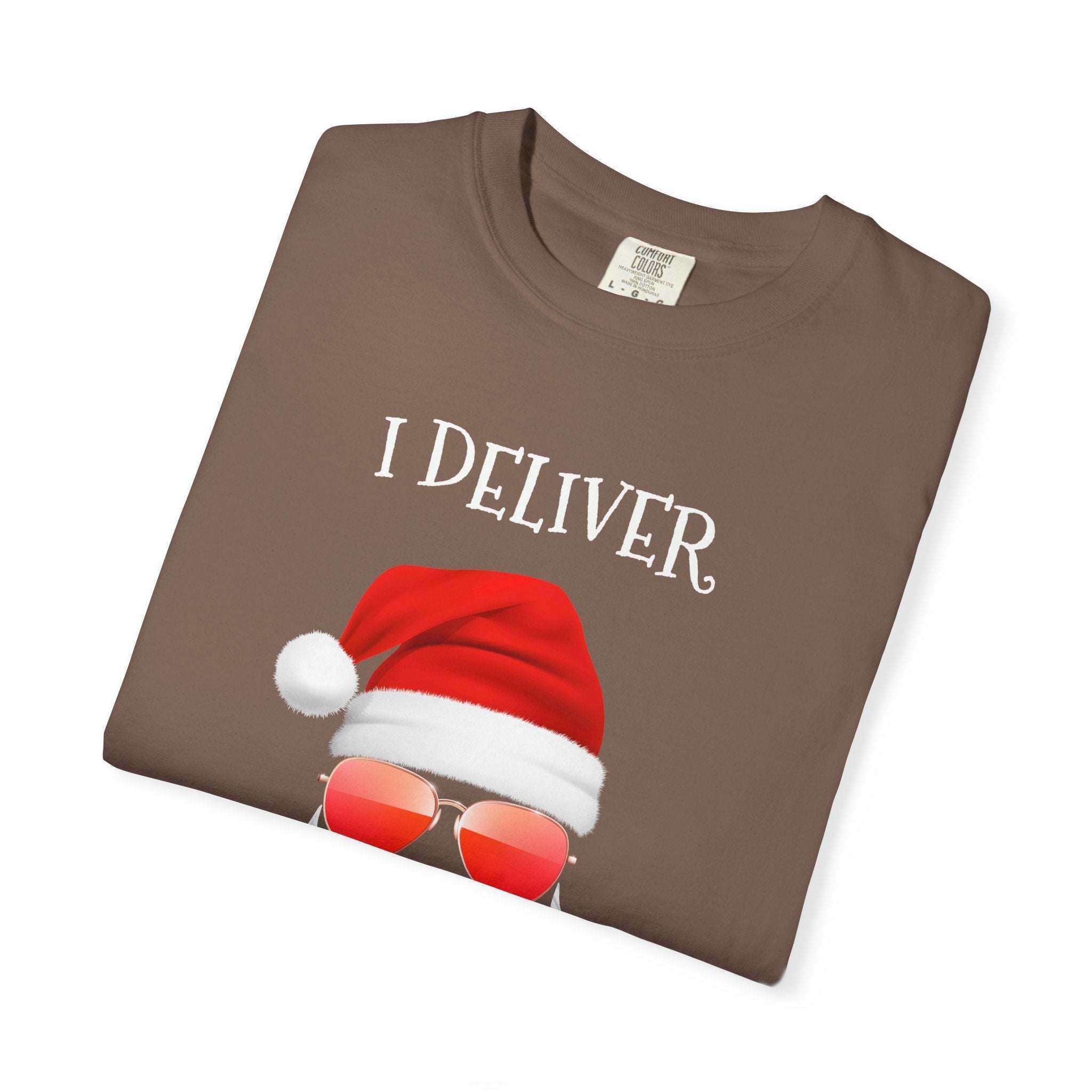 Espresso cotton t-shirt featuring 'Santa I Deliver All Night Long' print, holiday-themed design by Printify