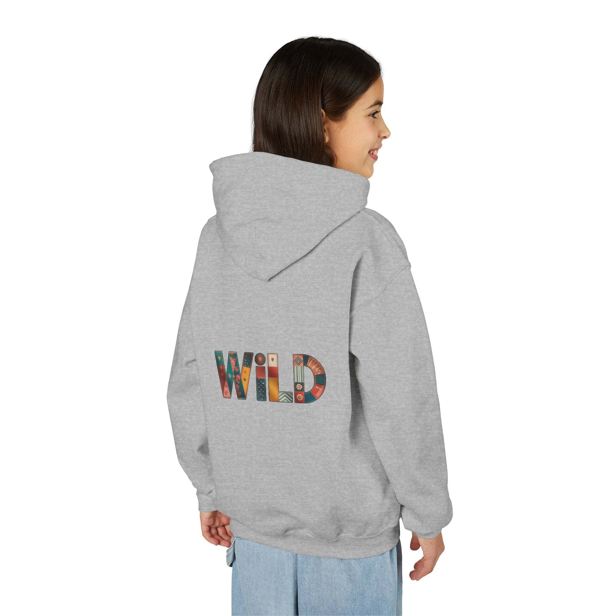 Child wearing gray Patchwork Wild Word Hoodie with colorful "WILD" text on the back and kangaroo pocket