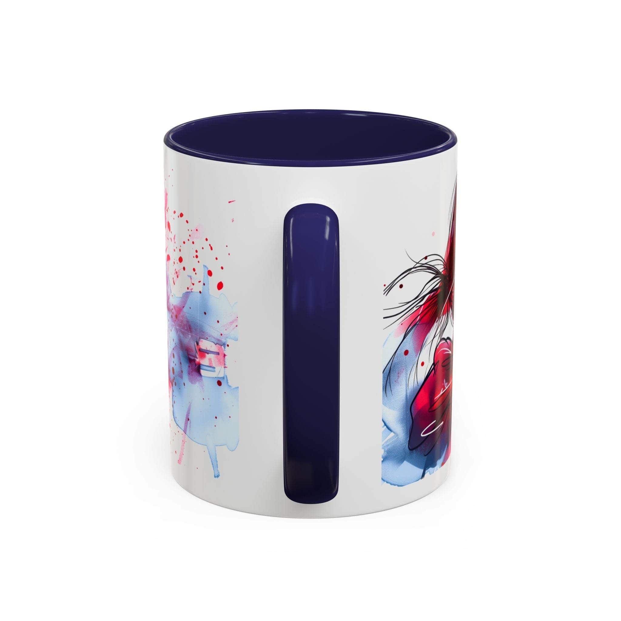 White mug with blue interior and handle, featuring colorful abstract designs on a white background