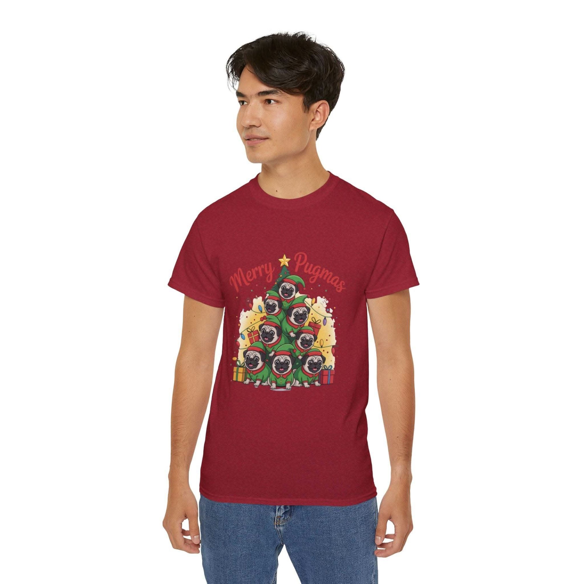 Black Merry Pugmas holiday t-shirt from Printify, featuring festive pug design for dog lovers.