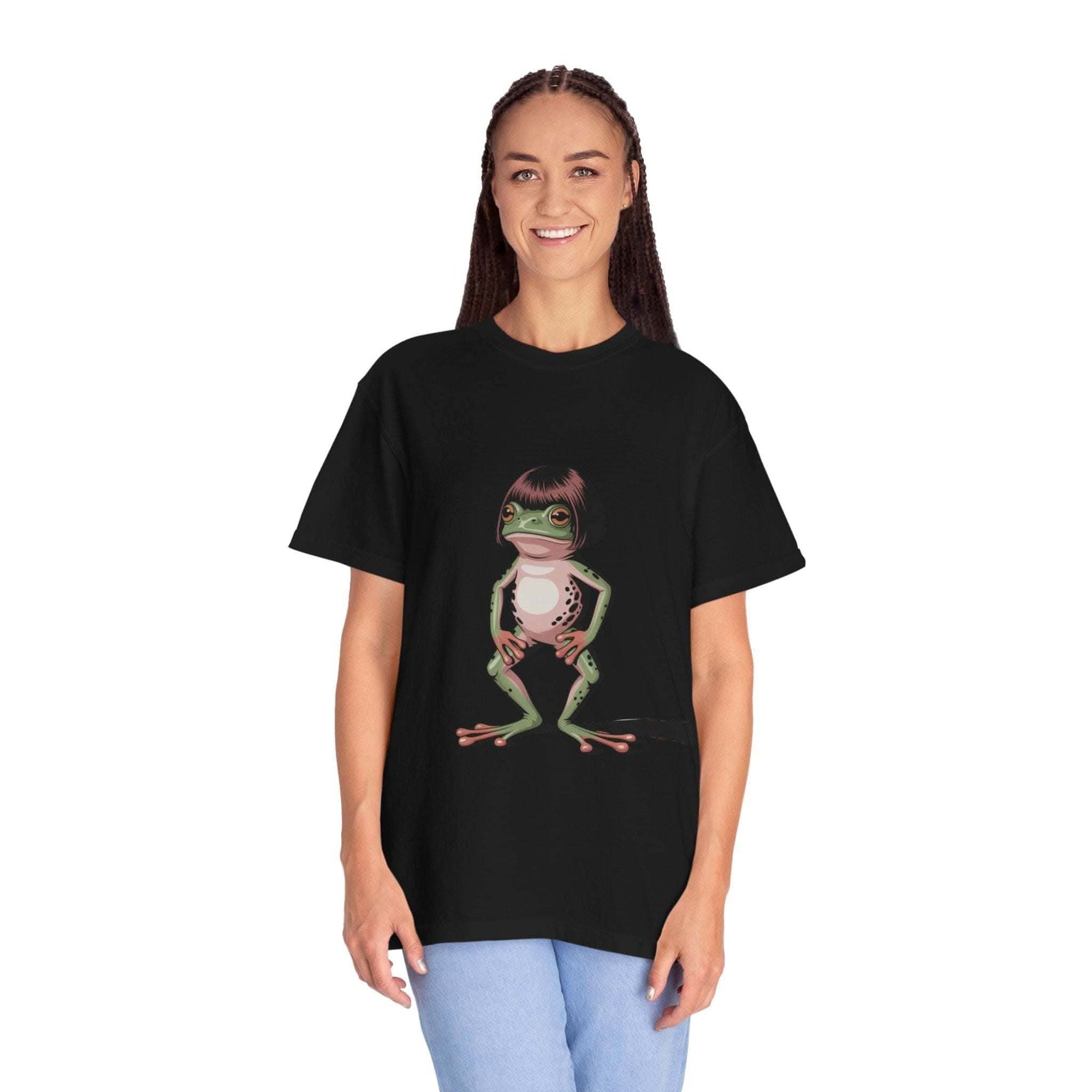 Frog with bob haircut meme printed on relaxed vintage-style t-shirt