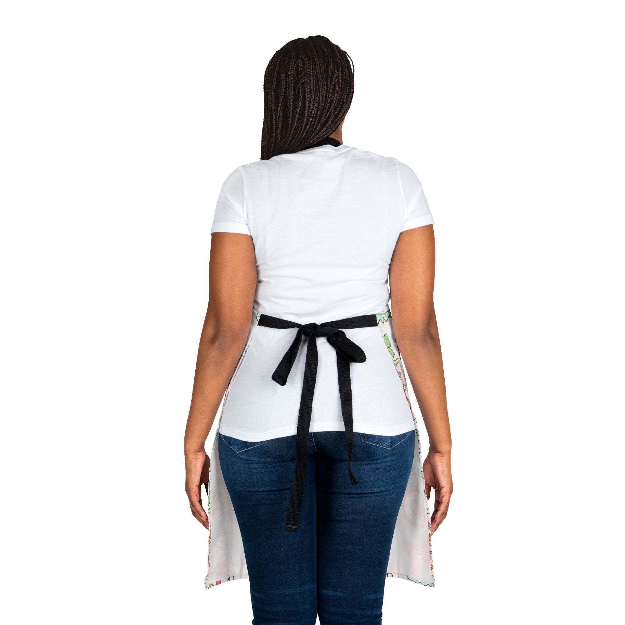 Woman wearing Retro Christmas Frames apron tied at back with black straps