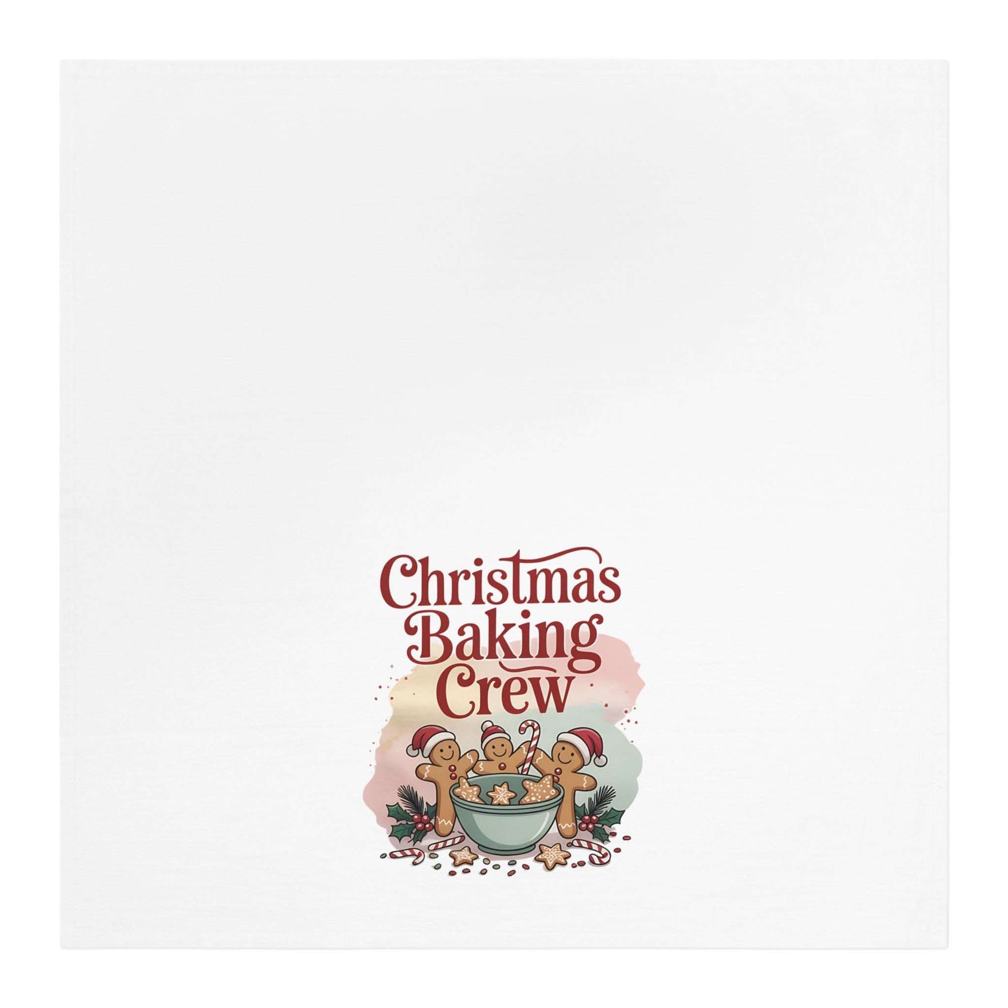 White cotton tea towel featuring "Christmas Baking Crew" design, perfect for festive kitchen decor by Printify.