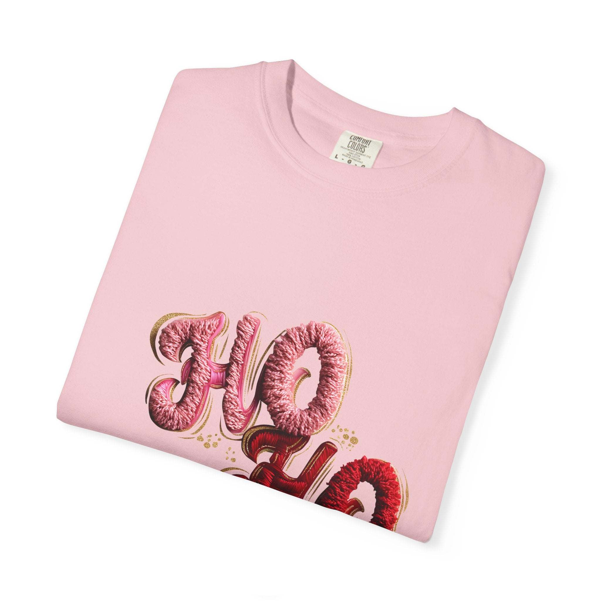 White Christmas graphic tee featuring faux puffy crochet 'Ho, Ho, Ho' design by Printify