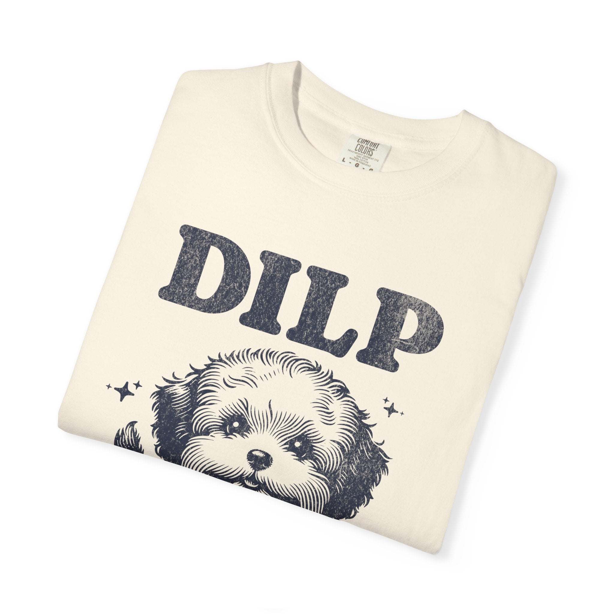 Cotton garment-dyed T-shirt with playful dog illustration and DILP text