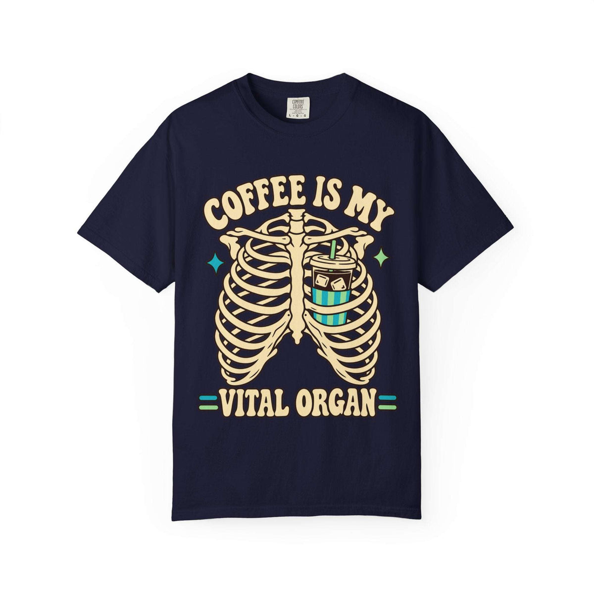 A navy blue short-sleeve t-shirt with a graphic print of a rib cage and a coffee cup, accompanied by the text 'COFFEE IS MY VITAL ORGAN' in beige and teal.