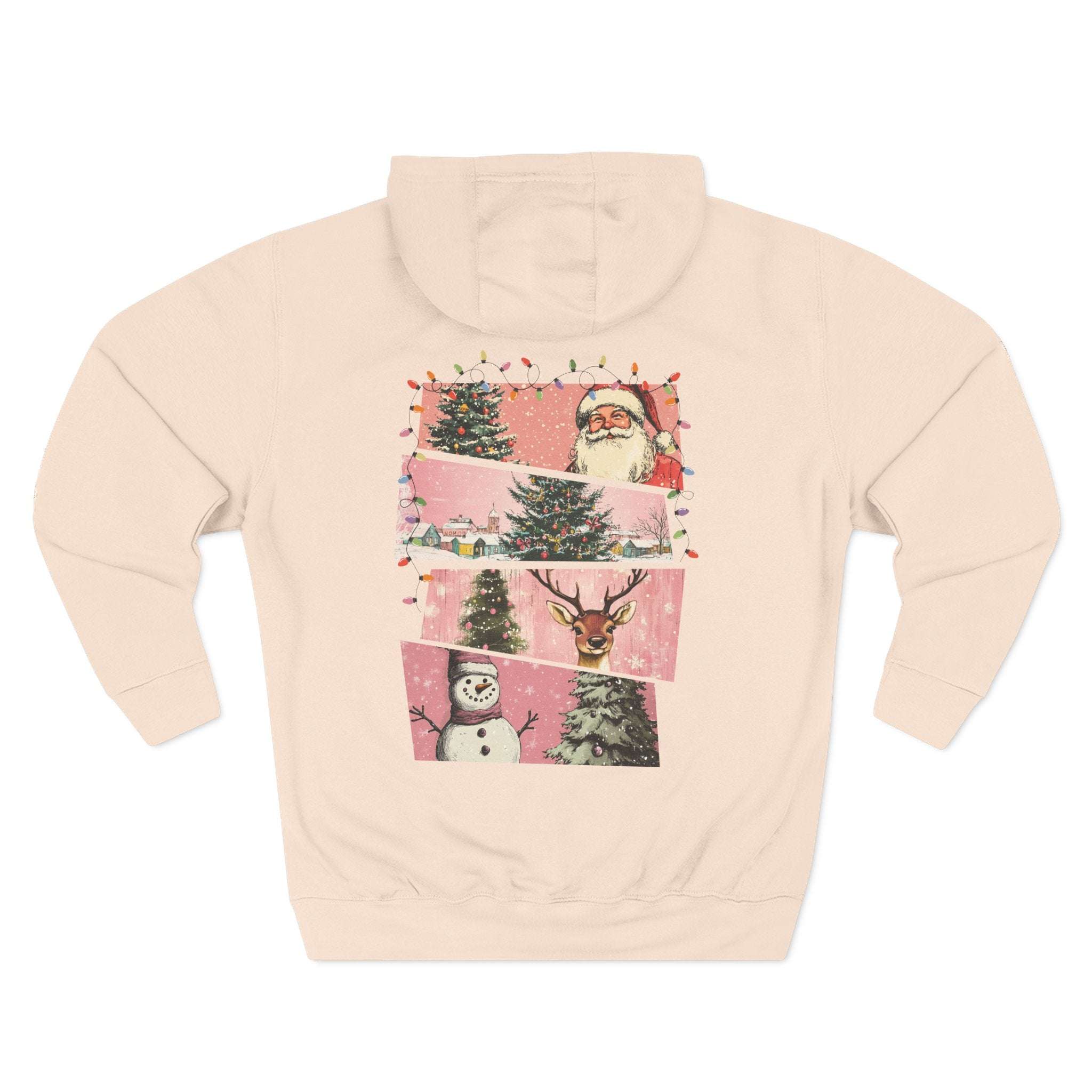 Pink fleece hoodie with Christmas watercolor swatches featuring Santa, trees, snowman, and reindeer design
