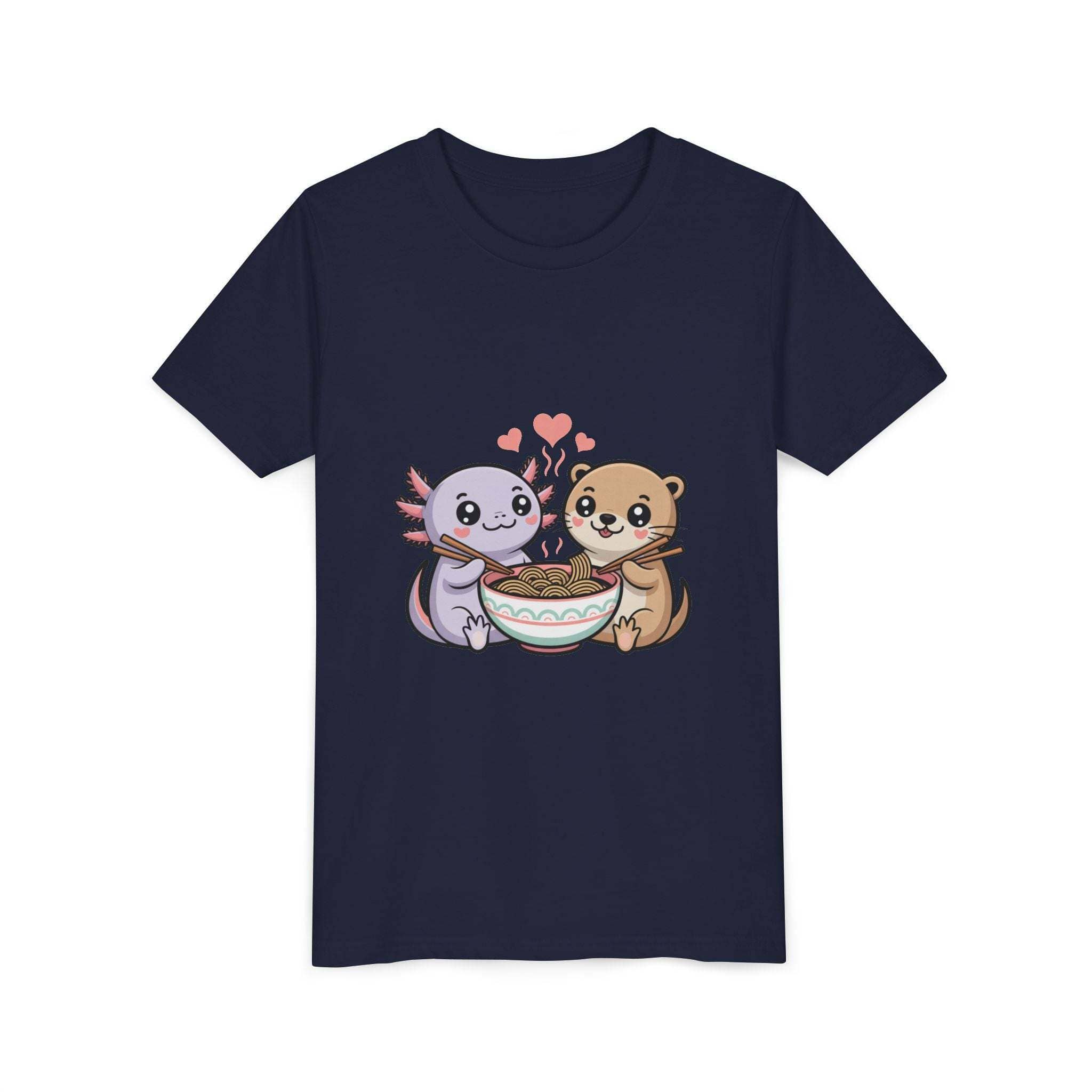 Cute kawaii animal kids shirt with axolotl and otter eating ramen, lightweight cotton tee for children.