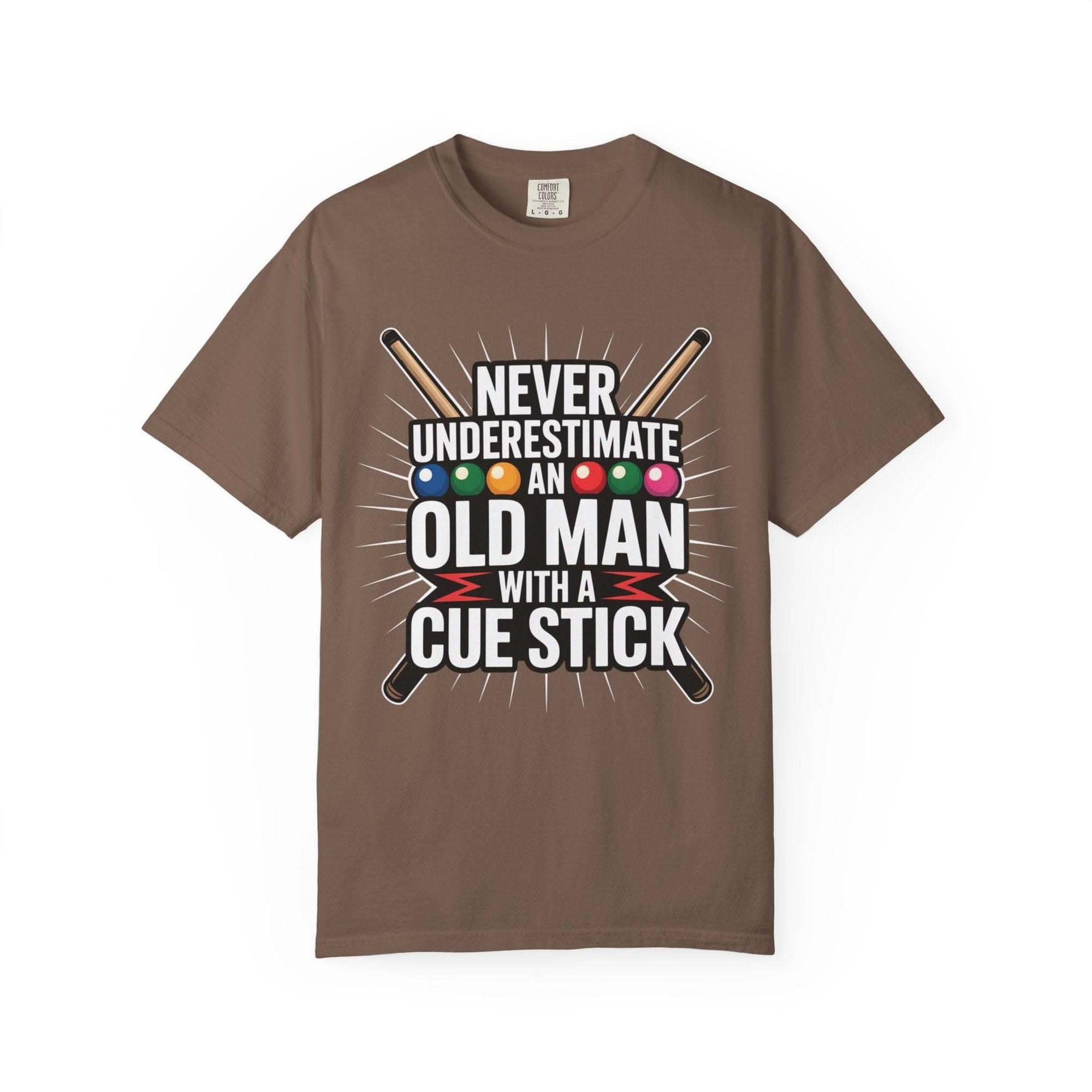 Brown t-shirt with pool cue and ball design on a white background