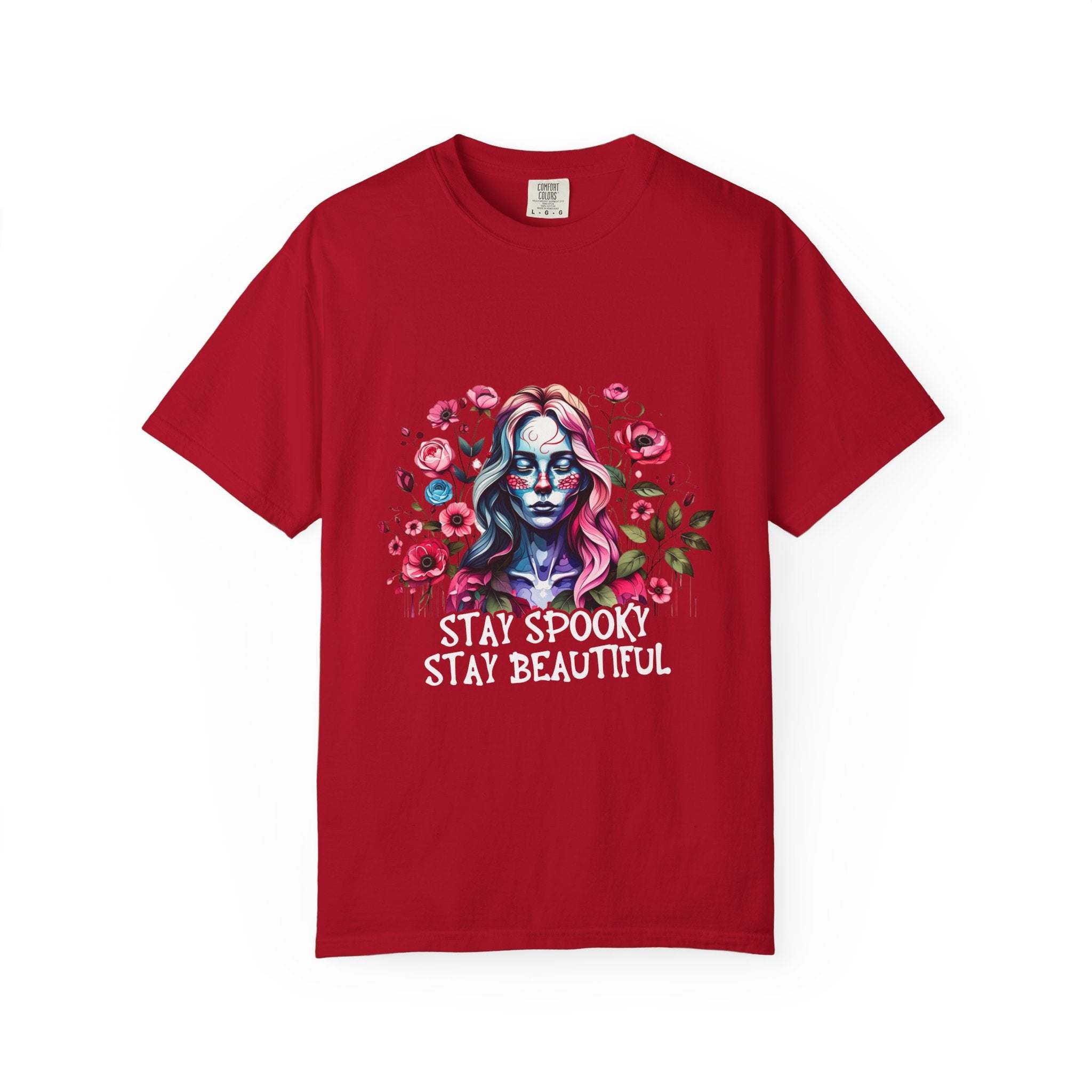 Red floral skeleton t-shirt with "Stay Spooky Stay Beautiful" text and relaxed fit