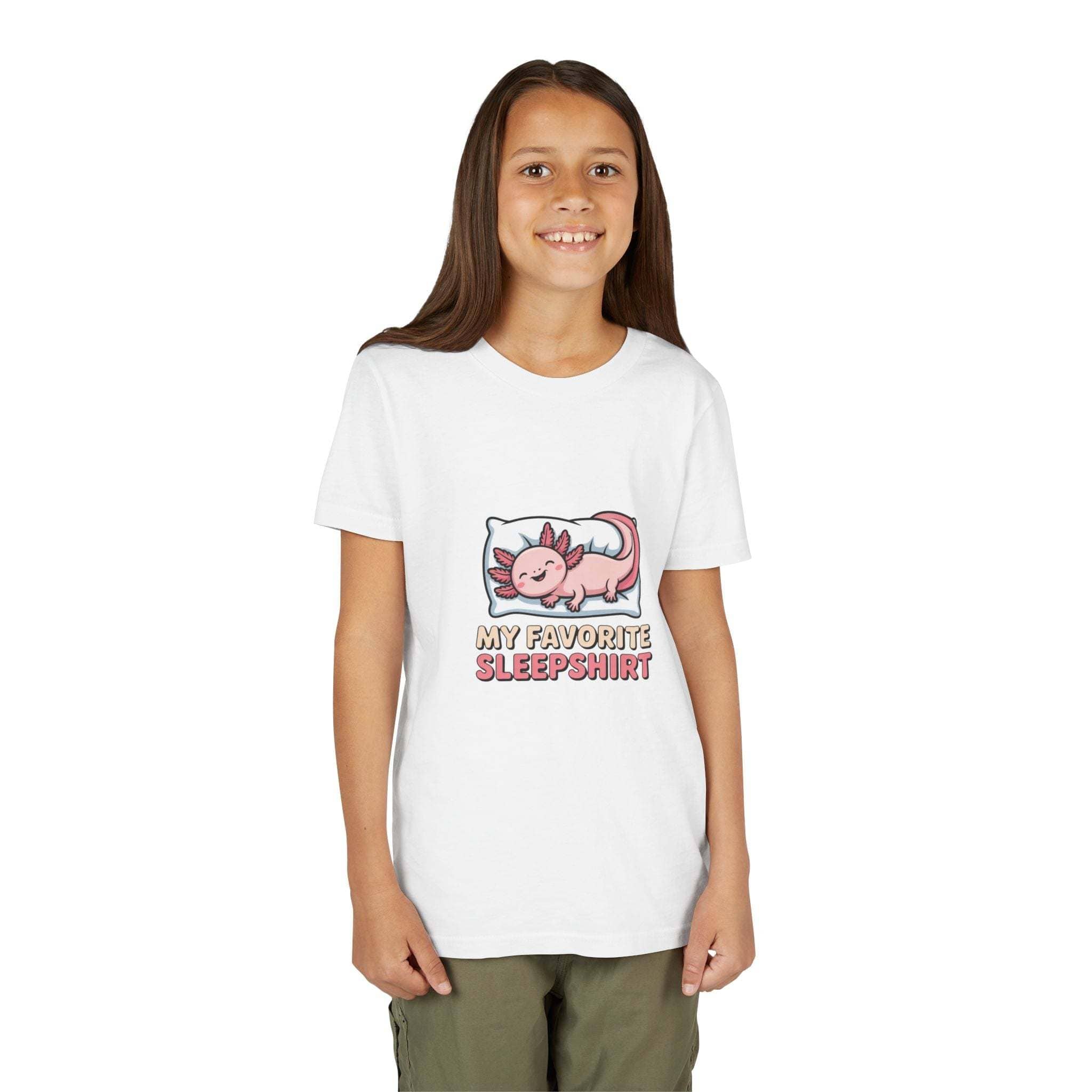 Youth white cotton tee with sleepy axolotl graphic and "My Favorite Sleepshirt" text