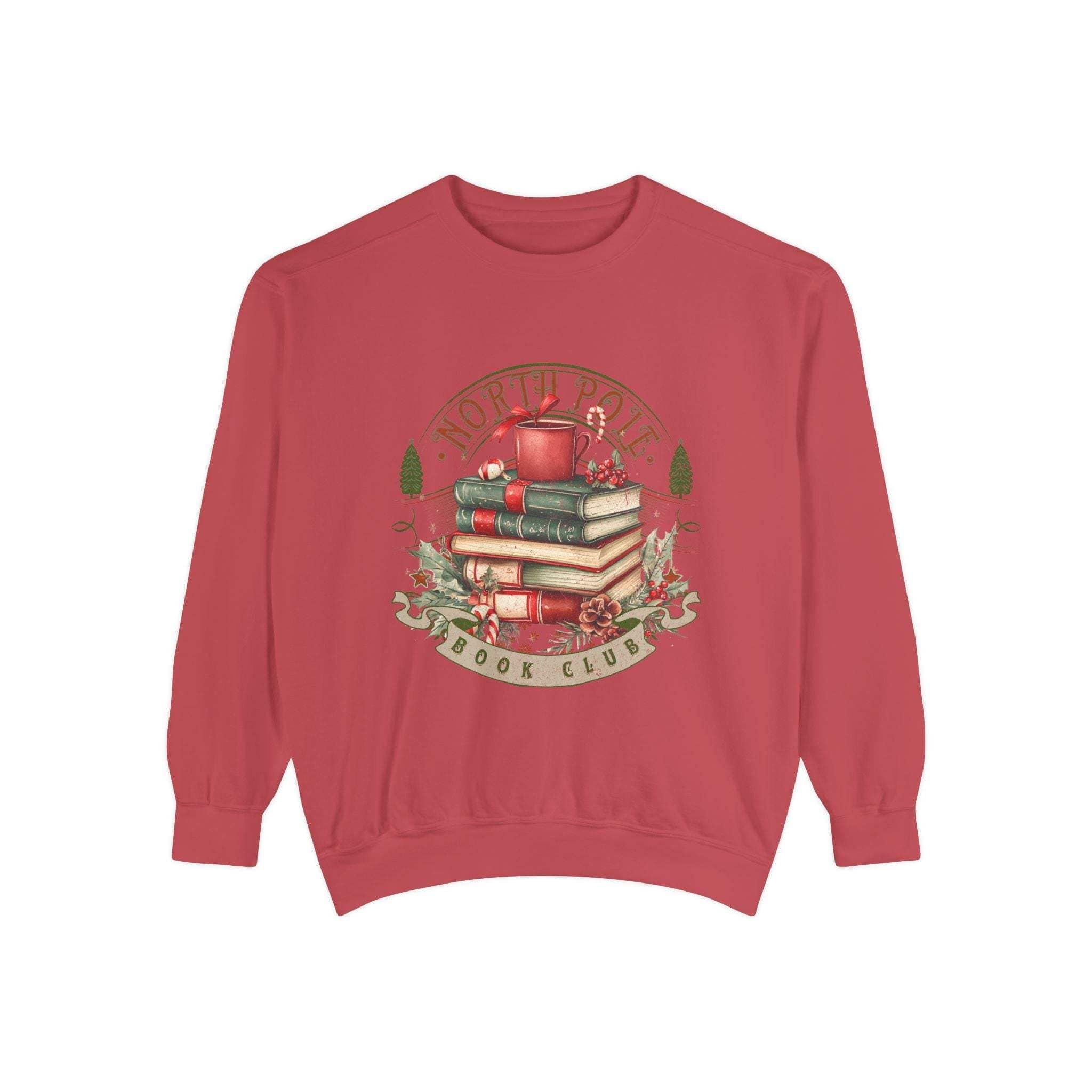 Vintage North Pole Book Club cozy holiday sweatshirt with book and gift design, soft cotton blend