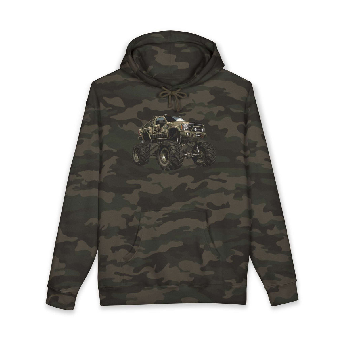 American Flag Monster Truck hoodie with camouflage truck and distressed flag design