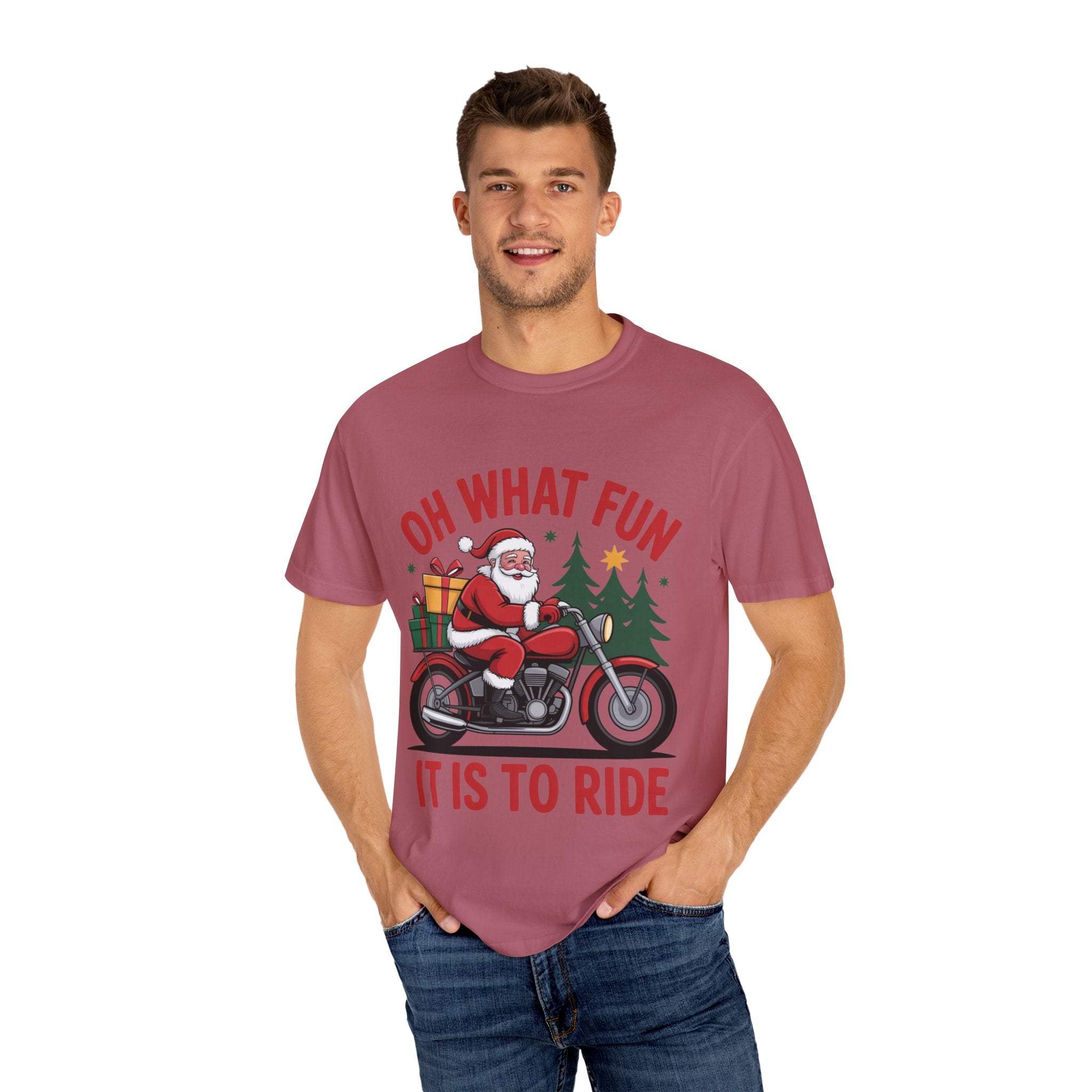 Santa on a motorcycle graphic Christmas t-shirt with festive design