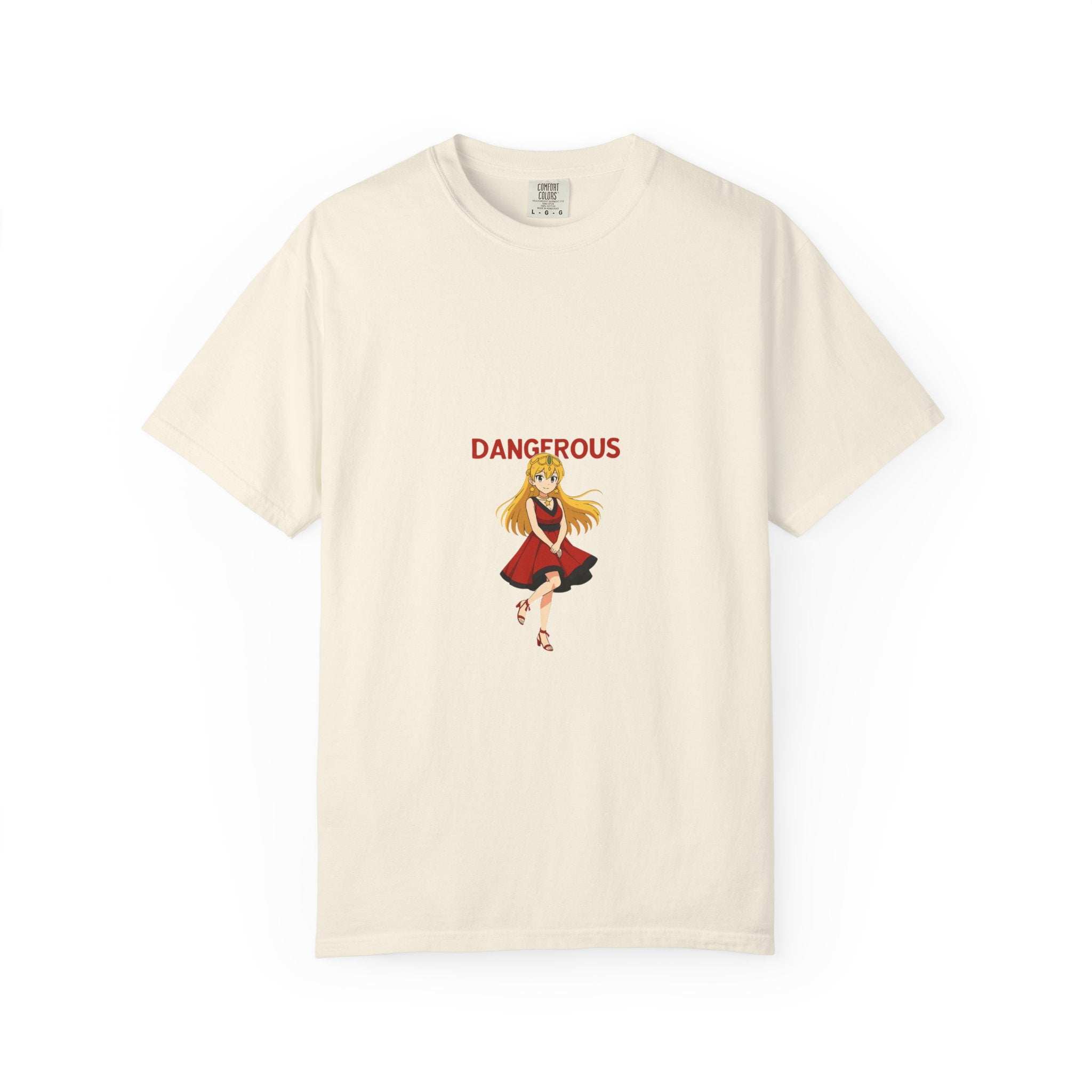 Black anime t-shirt featuring a dangerous red girl graphic, casual style by Printify