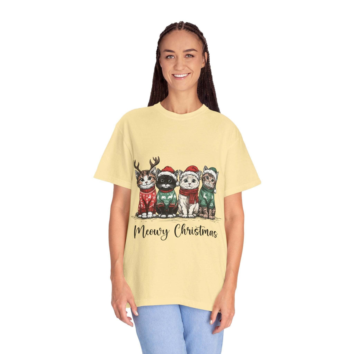 Bay Cat Lover T-shirt with Meowy Christmas design from Printify, perfect festive gift for cat enthusiasts.