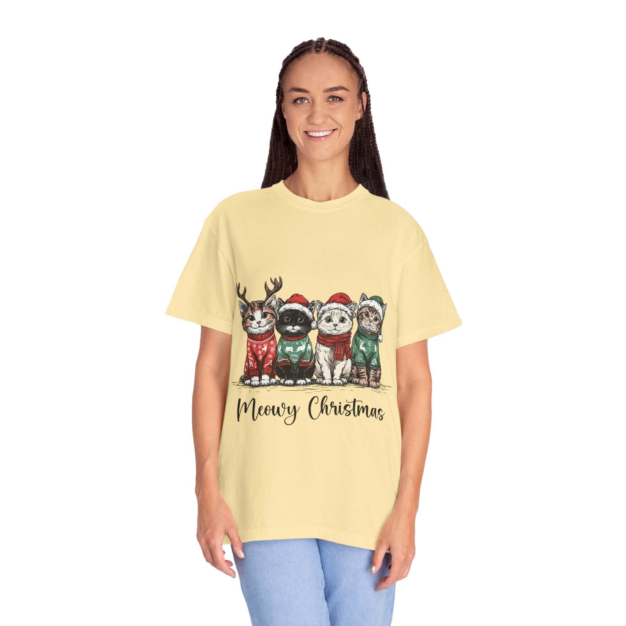 Bay Cat Lover T-shirt with Meowy Christmas design from Printify, perfect festive gift for cat enthusiasts.