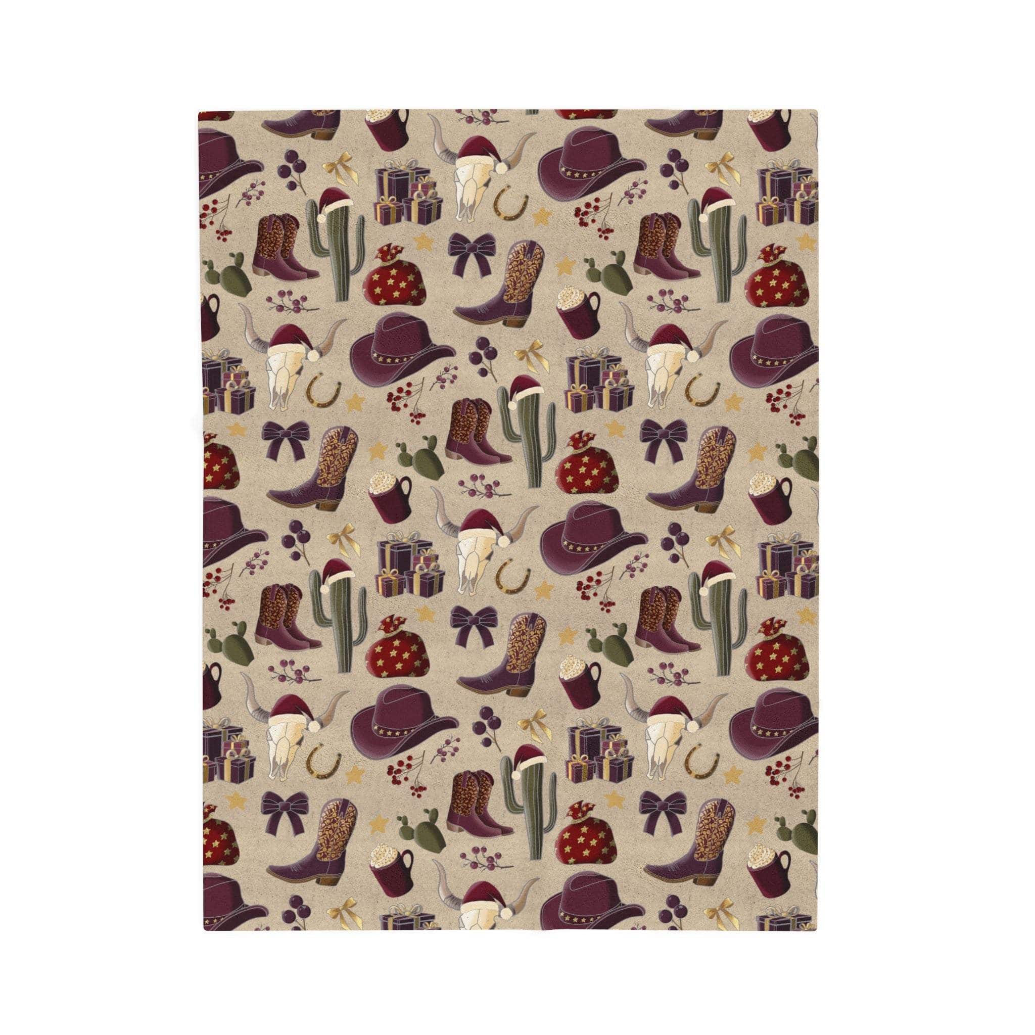 Plush blanket with cowboy Christmas design featuring hats, boots, cacti, and festive gifts in vibrant colors