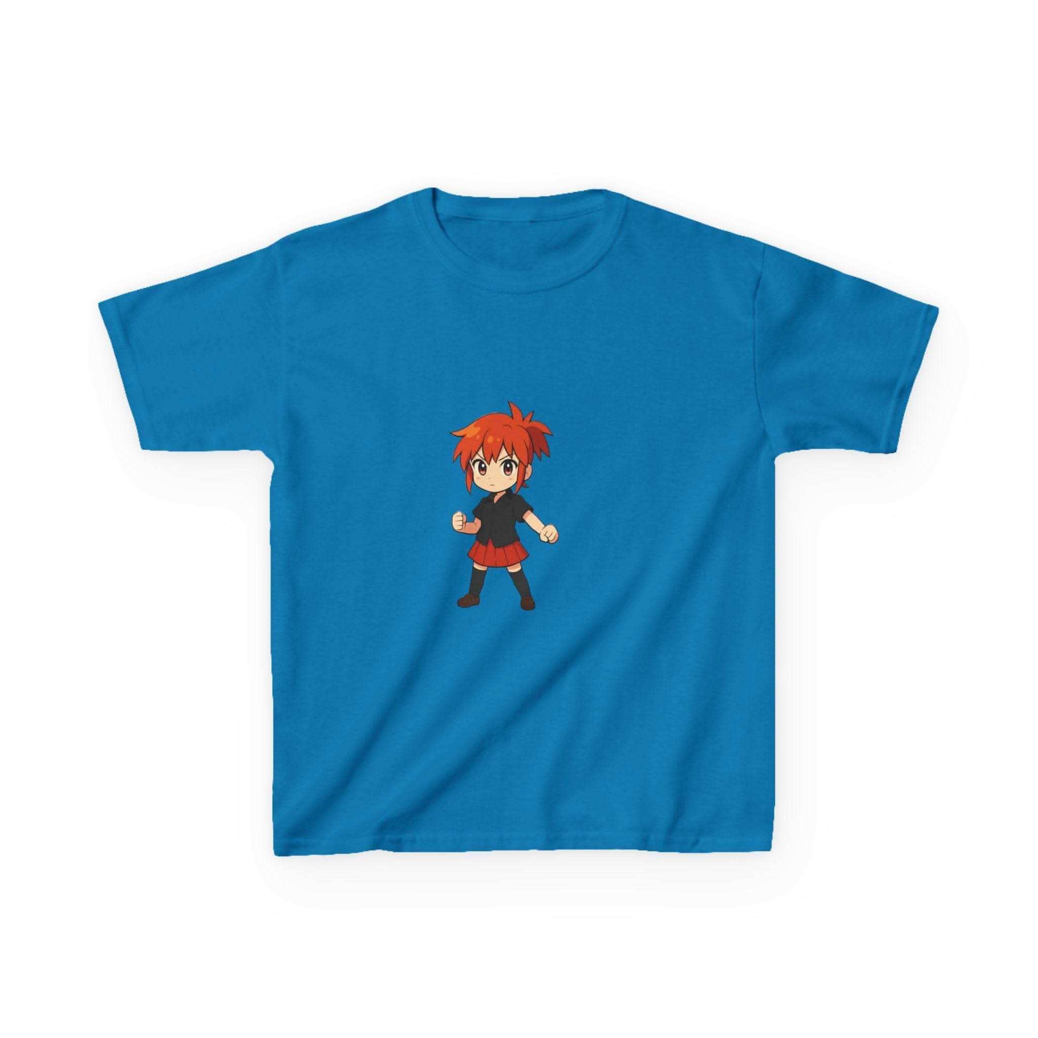 White 100% cotton kids t-shirt featuring an anime power girl design by Printify
