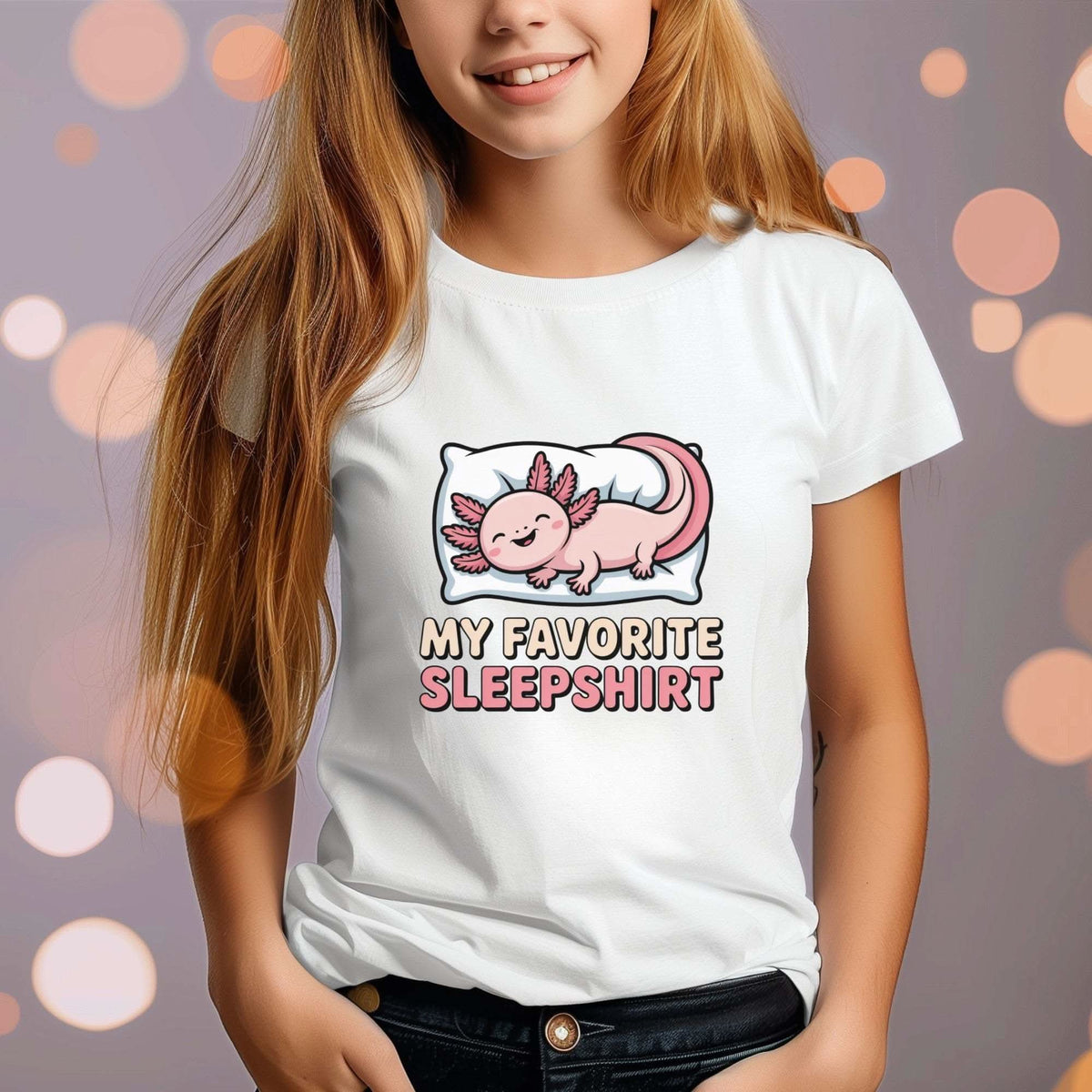 Youth white cotton t-shirt with sleepy axolotl illustration and "My Favorite Sleepshirt" text