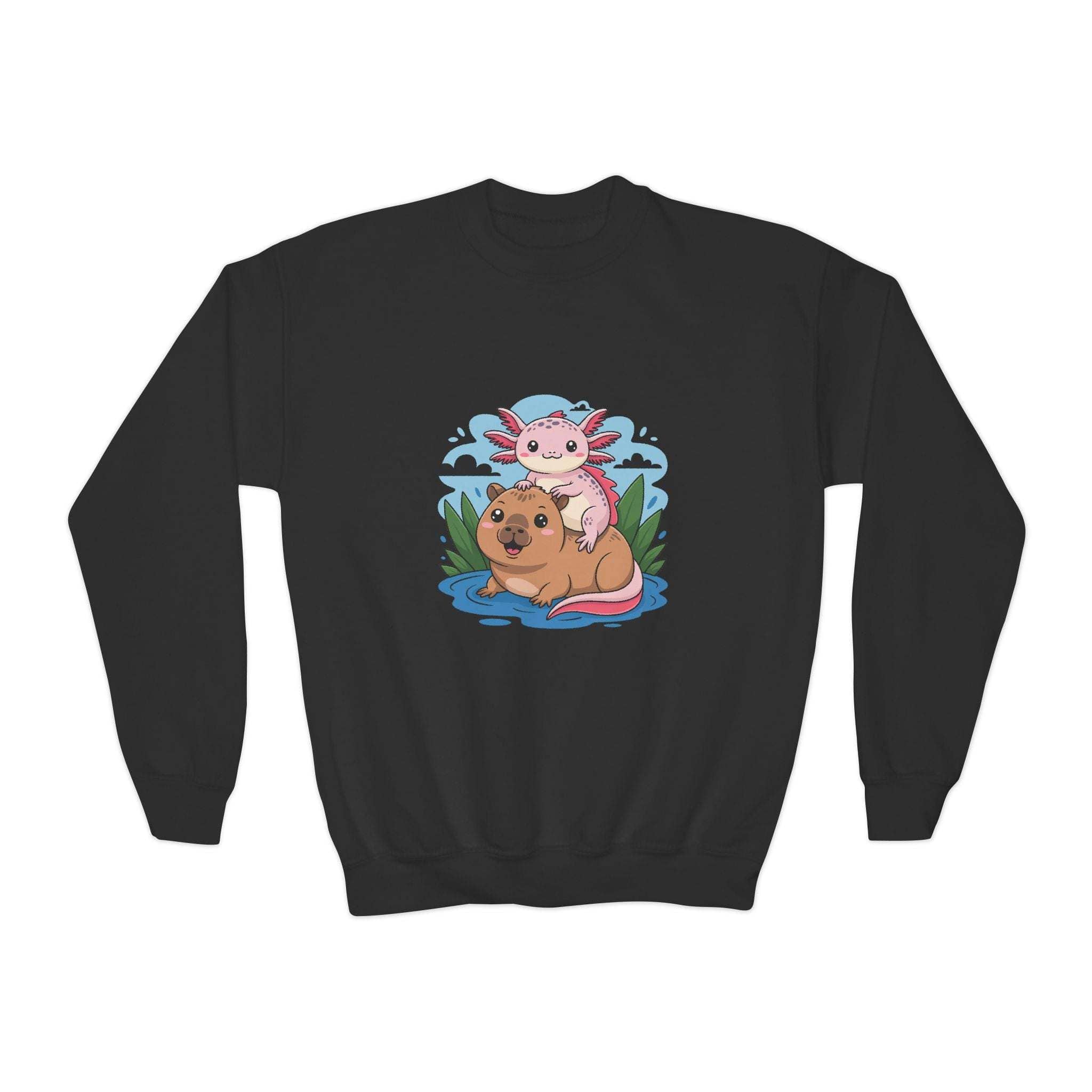 Black sweatshirt with a cute illustration of a axolotl and dog on a white background