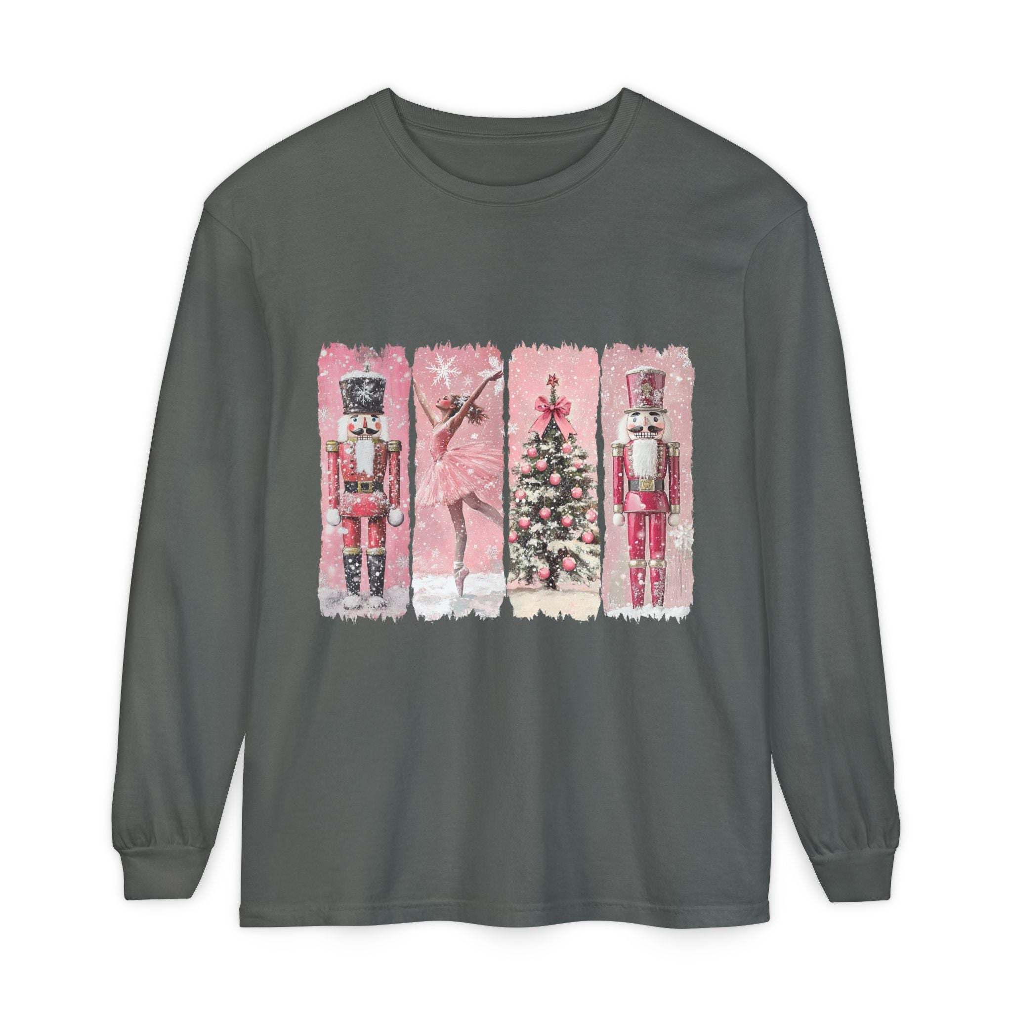 Gray long sleeve t-shirt with preppy pink watercolor Nutcracker Christmas design