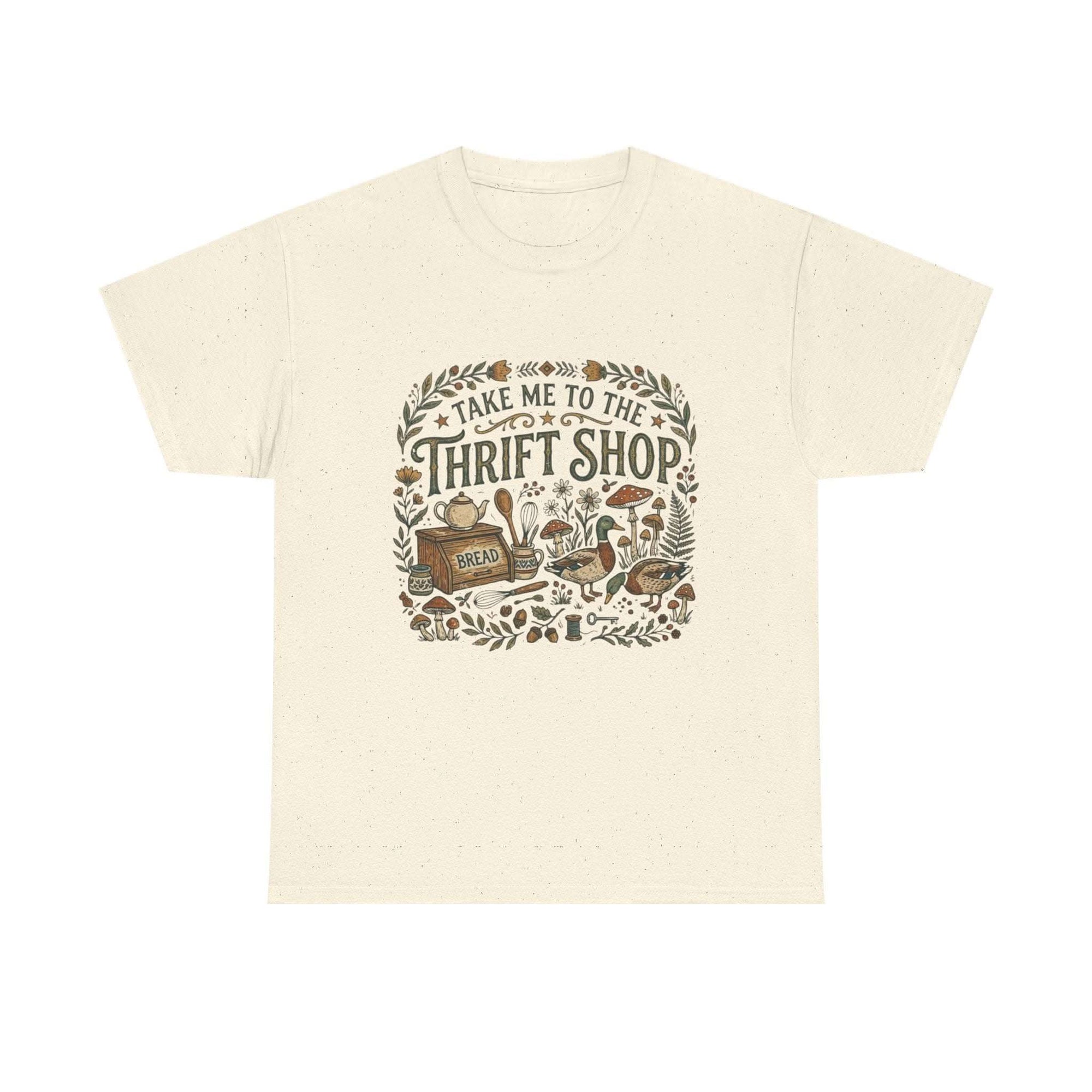 Vintage thrift shop t-shirt with botanicals, mushrooms, and flea market treasures design