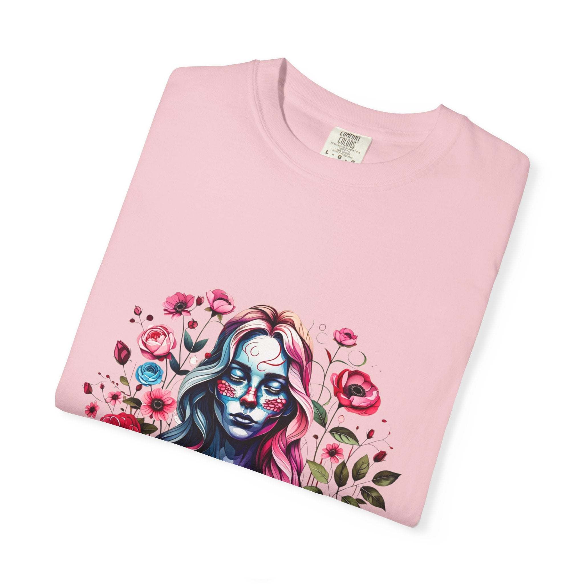 Pink floral skeleton t-shirt with colorful Day of the Dead inspired face art and flower design