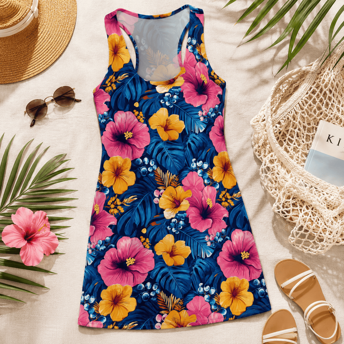 Tropical Hibiscus Floral Racerback Dress | Blue Pink Yellow AOP