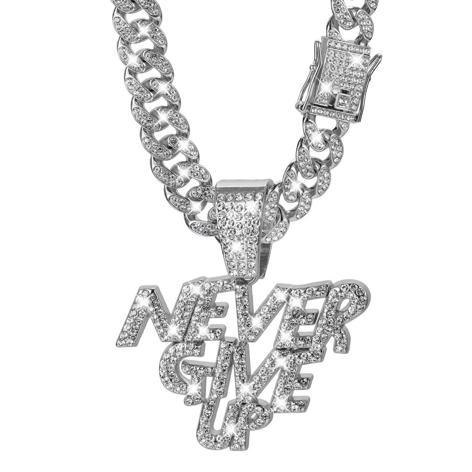 Mens silver Cuban necklace with bold Cuban link design and rhinestone accents