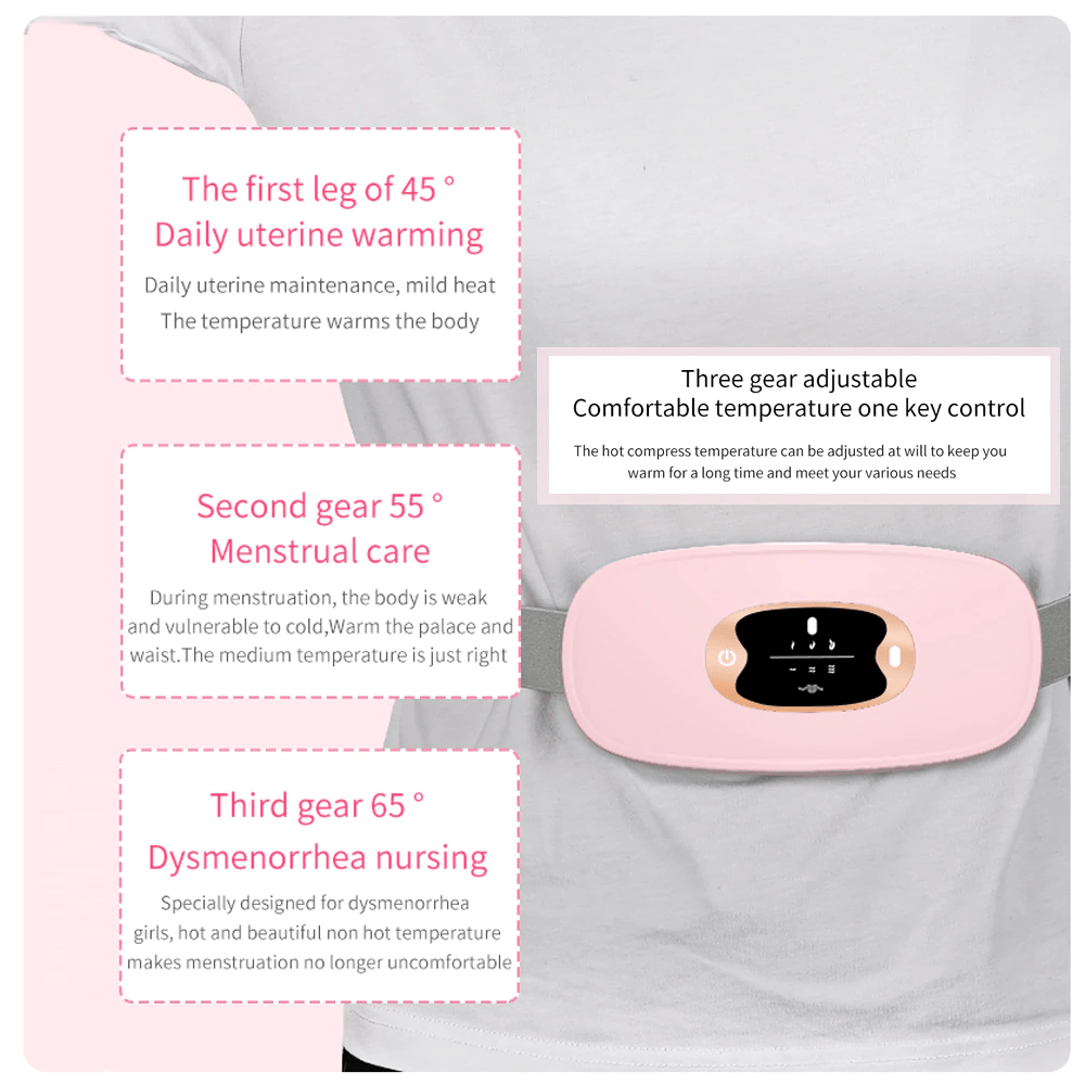 Pink heated menstrual relief vibrating belt with adjustable fit and quick heating features